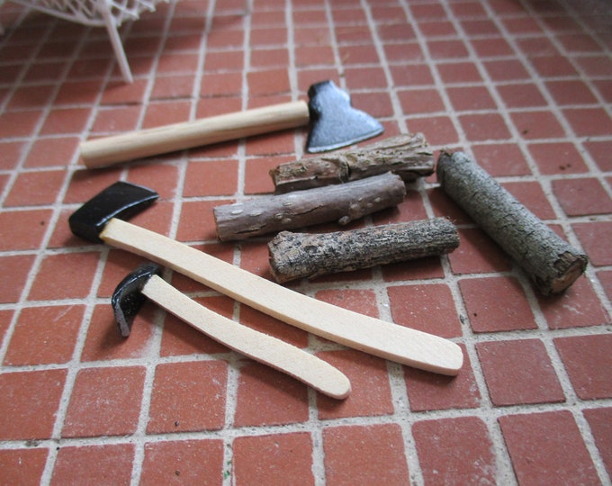 Miniature Axe Set, Mini Axes and Wood, Dollhouse Miniatures, 1:12 Scale, Dollhouse Accessories, Mini Tools, Decor