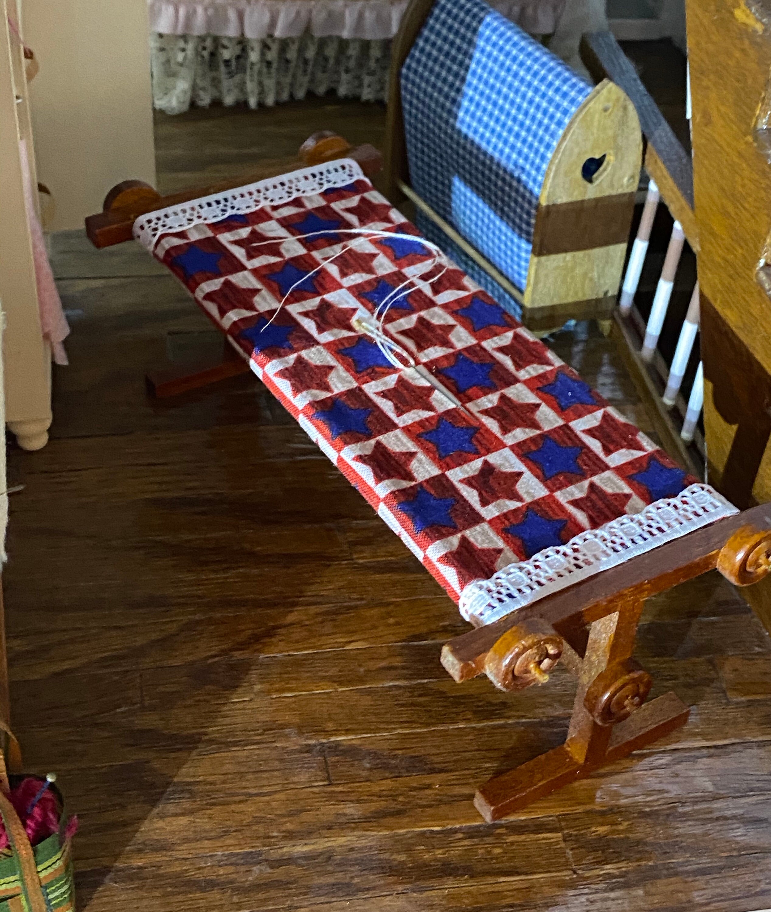 Miniature Quilt Frame, Mini Quilt in Progress, Dollhouse Miniature, 1
