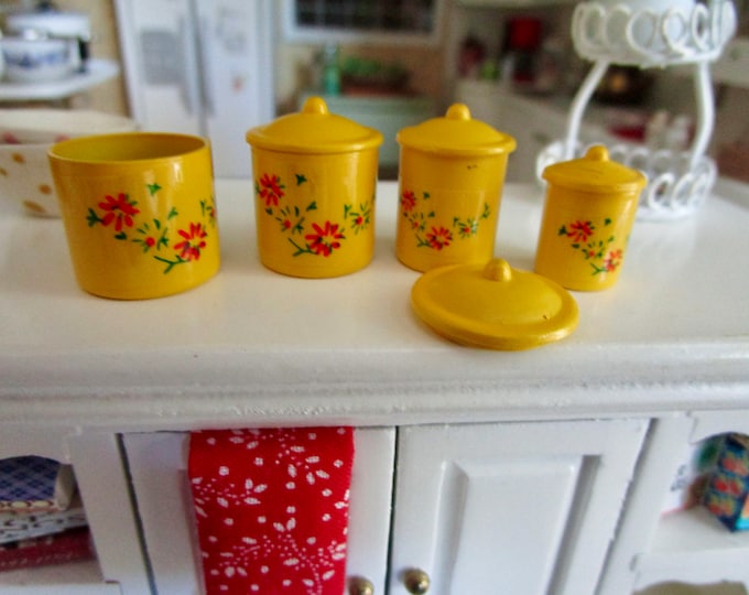Miniature Yellow Canister Set, Mini Canisters, 4 Piece Set, Style #06, Dollhouse Miniature, 1:12 Scale, Dollhouse Kitchen Decor, Accessory