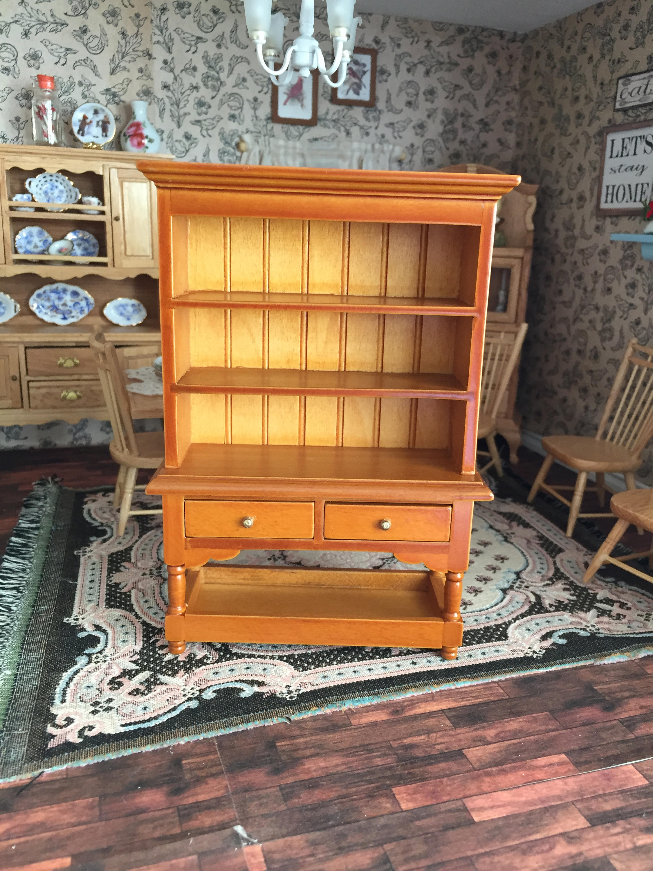 Miniature Hutch, Walnut Wood Hutch With 2 Drawers and Bottom Shelf 60