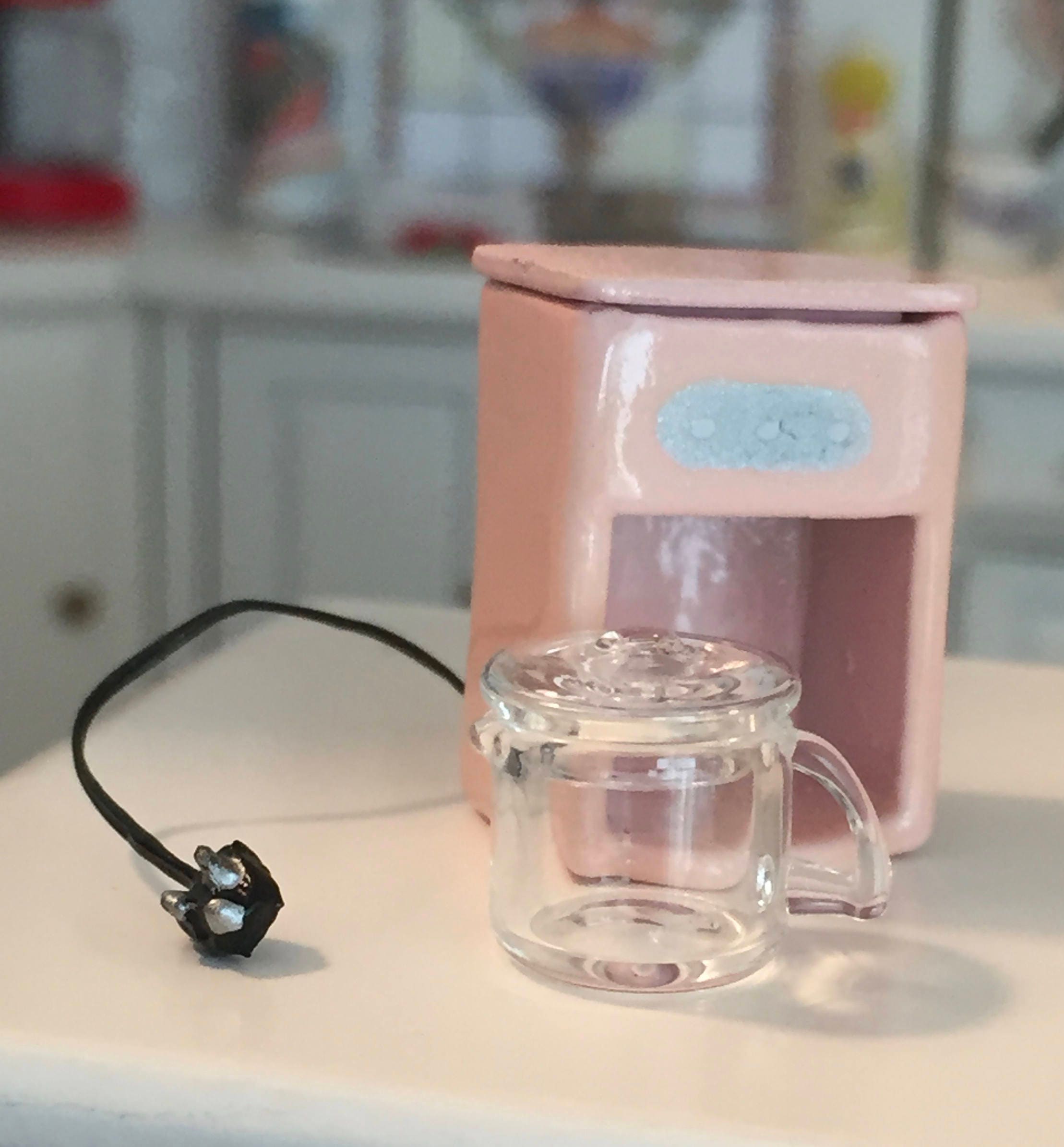 Miniature Pink Coffee Maker With Glass Coffee Pot, Dollhouse Miniature