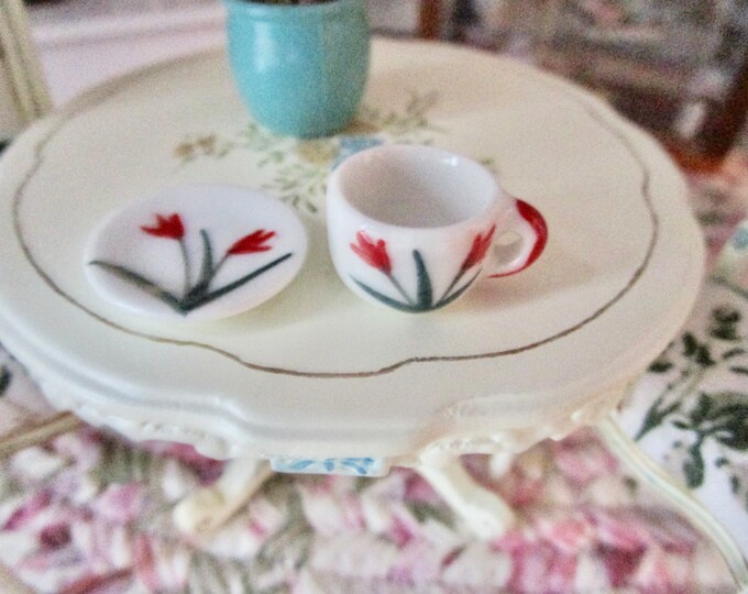 Miniature Cup And Saucer Set, Mini Red Flower Mug And Plate Set, Style #97, Dollhouse Miniature, 1:12 Scale, Dollhouse Accessory, Decor