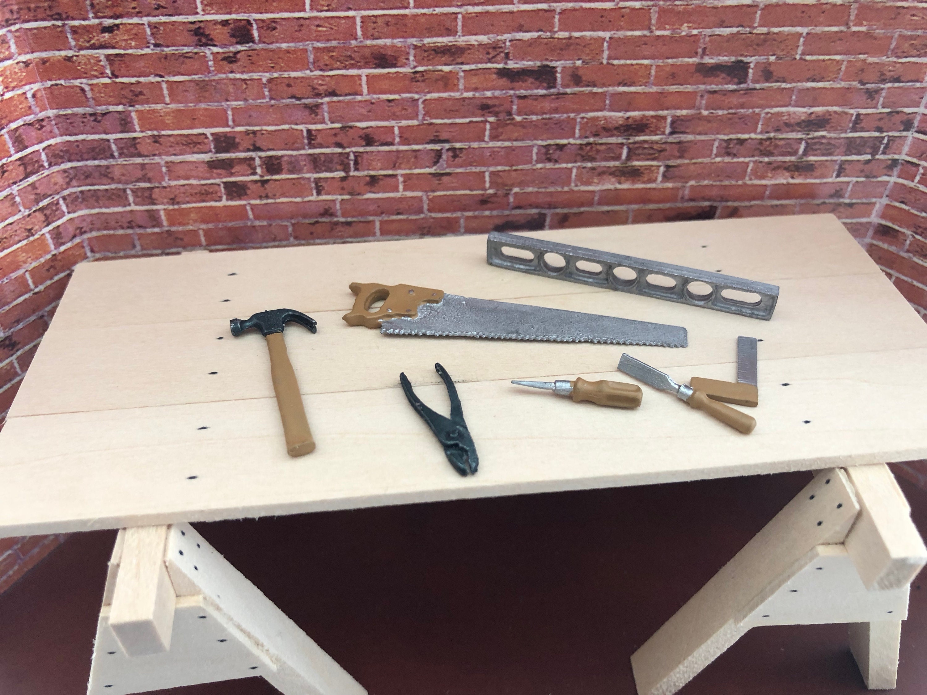 Miniature Tools, Mini 7 Piece Tool Set, Style 00, Saw, Level, Hammer, Dollhouse Miniatures, 1