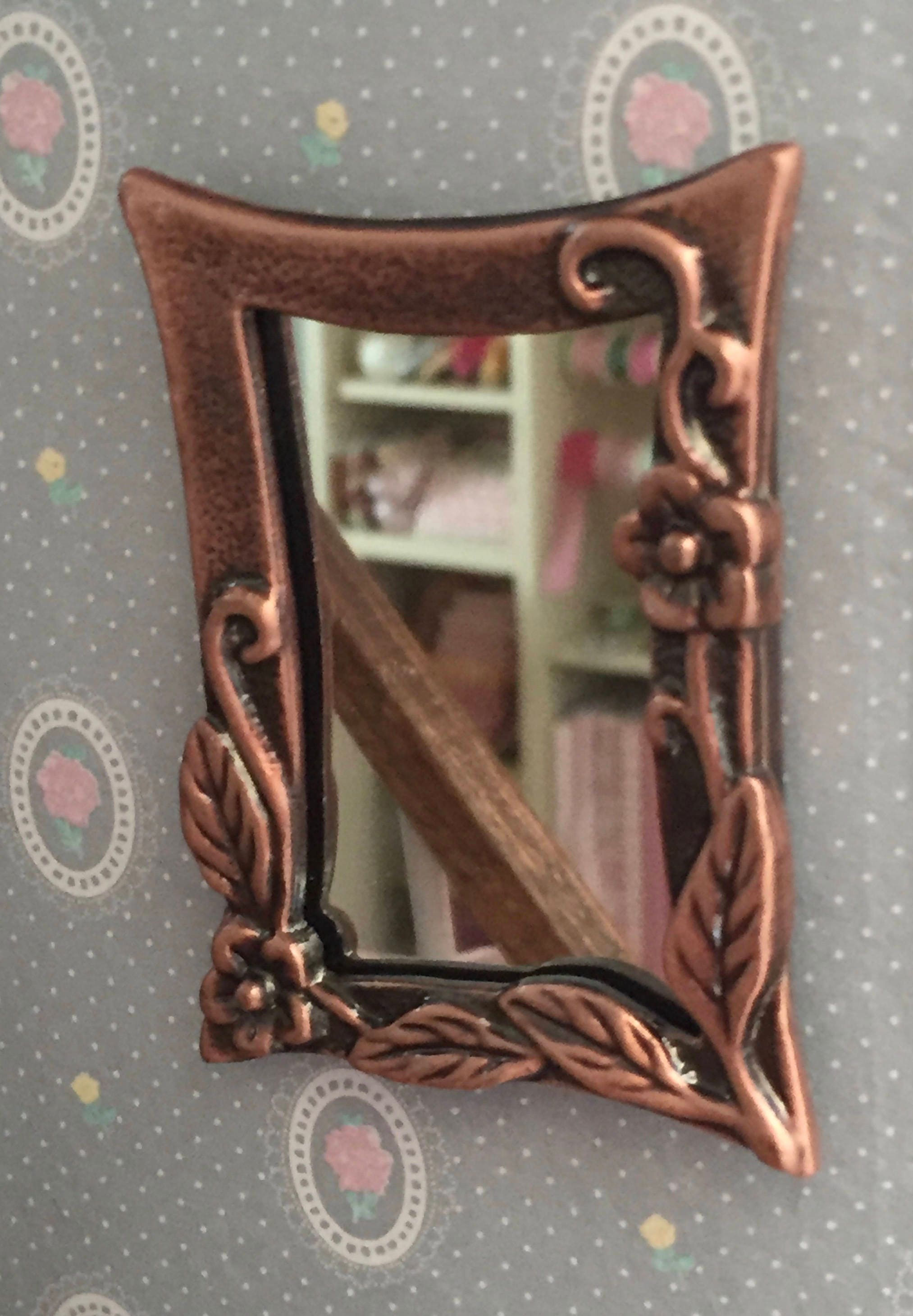 Miniature Copper Wall Mirror, Antique Look Copper, Dollhouse Miniature