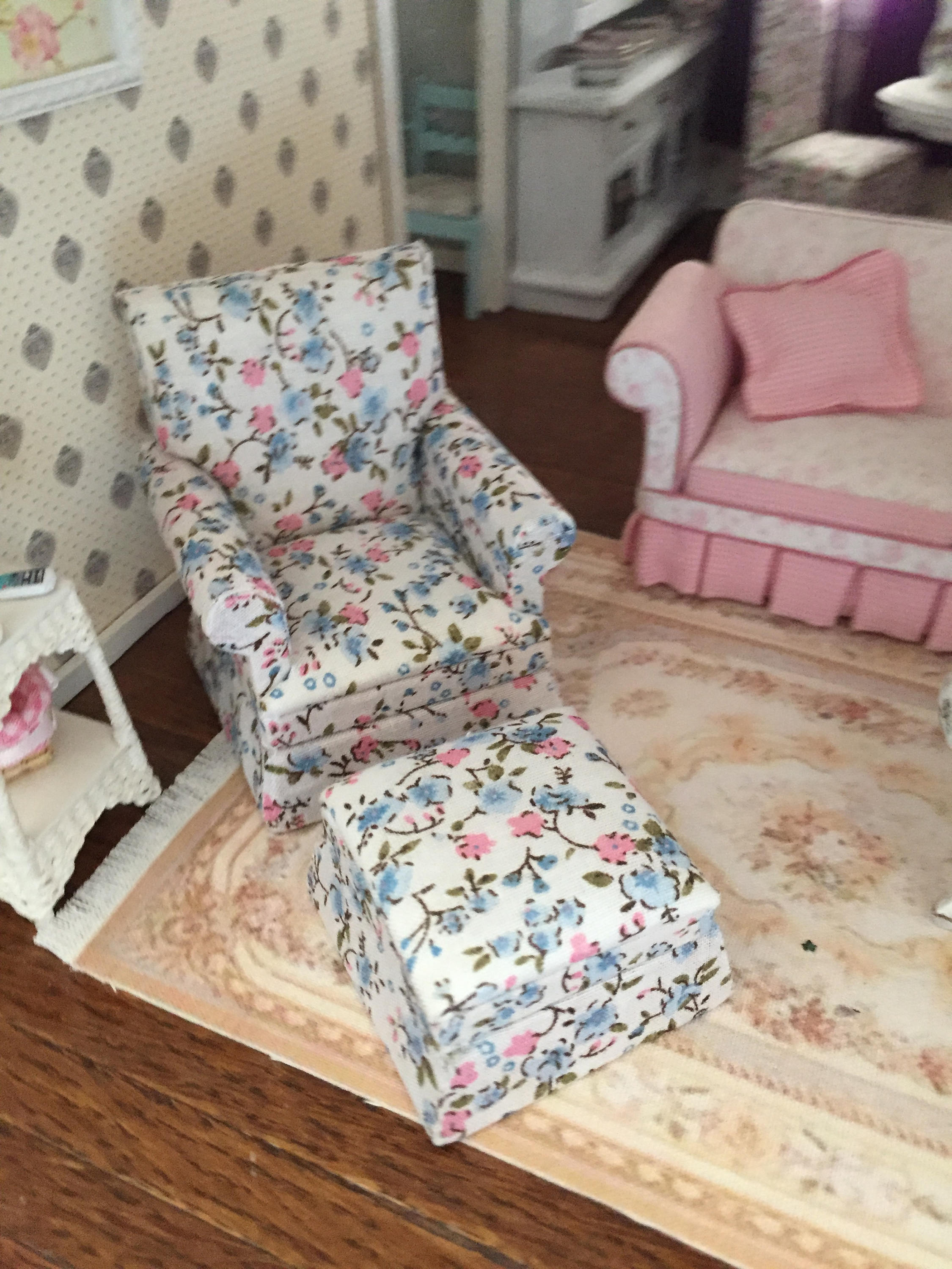 Miniature Chair and Ottoman, Cream, Pink, Blue Floral Fabric, Style 43, Dollhouse Furniture, 1: 