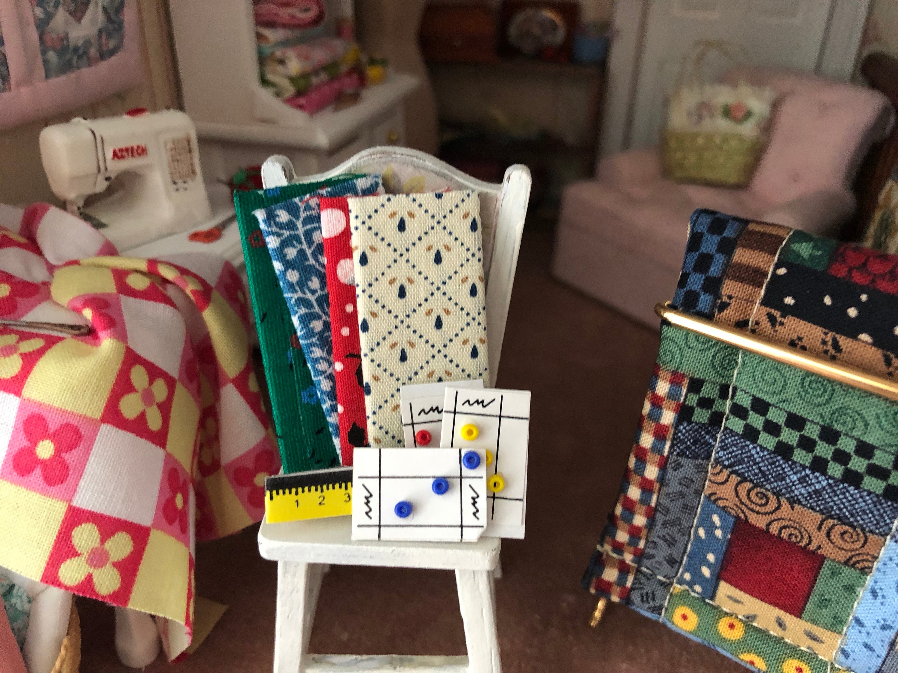 Miniature Sewing Supplies, Mini Fabric Bolts and Button Cards, Dollhouse Miniature, 112 Scale