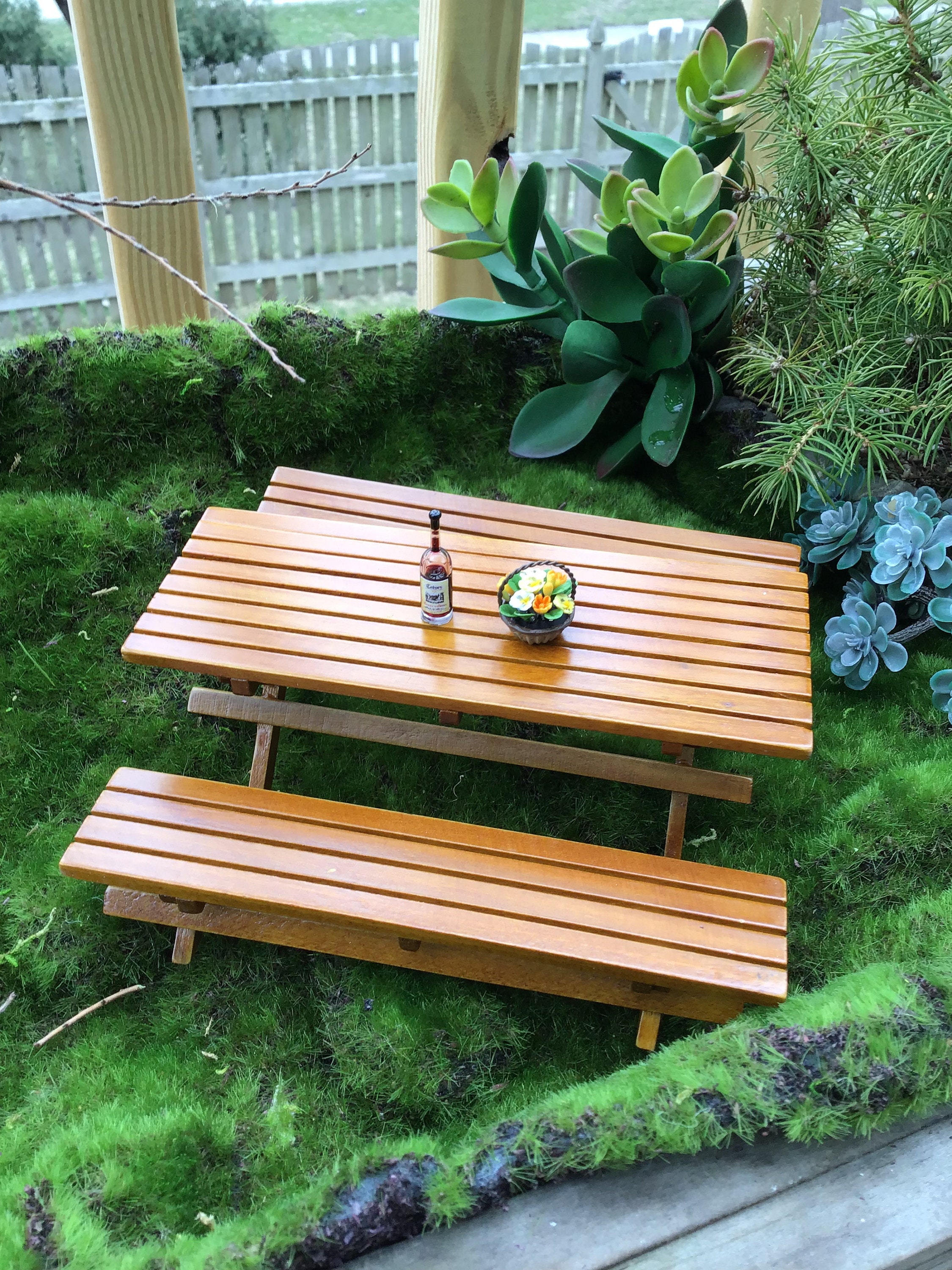 Miniature Picnic Table and Benches, 3 Pc Set, Wood Picnic Table