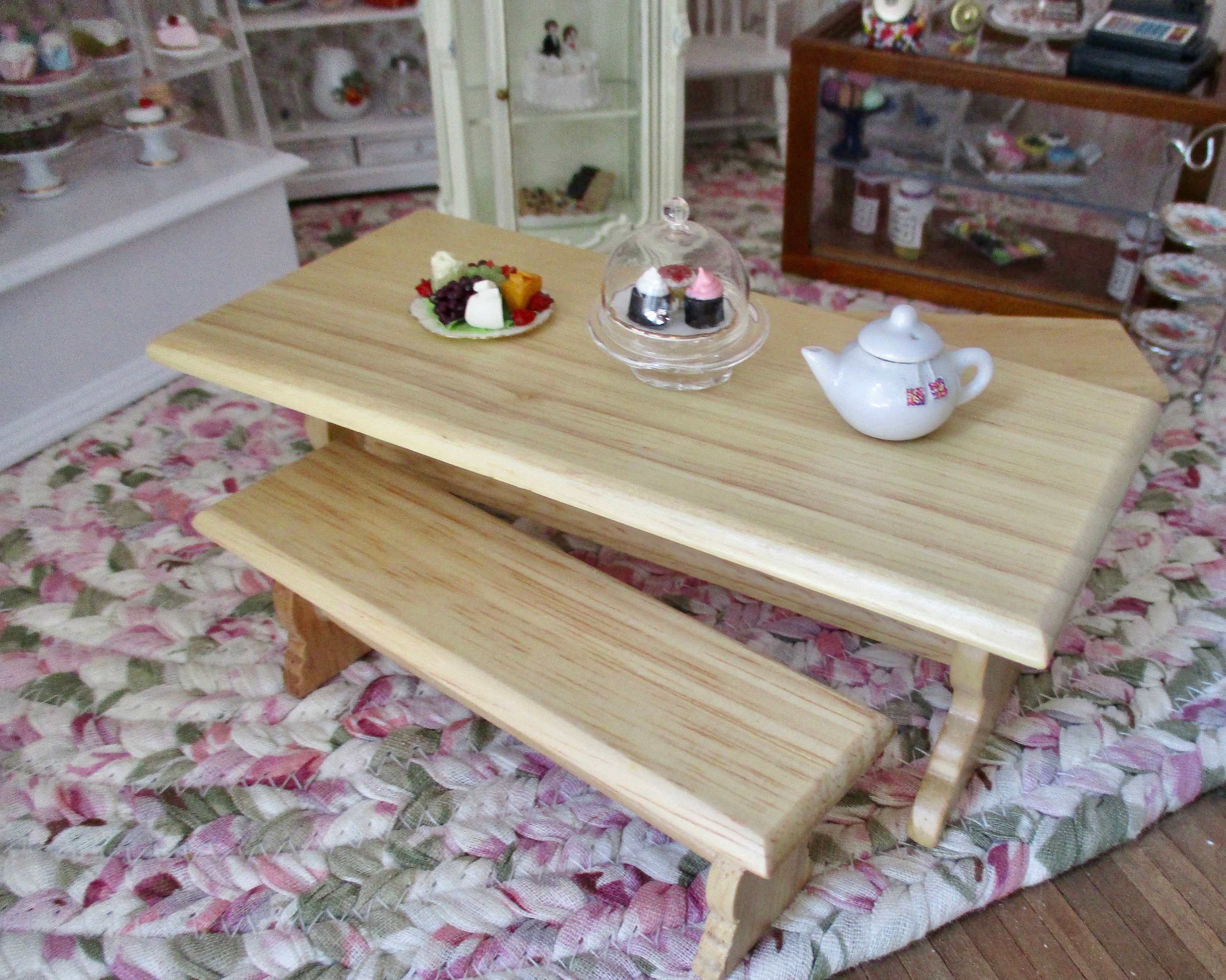 Miniature Table And Bench Set, Mini Wood Oak Finish Table With 2