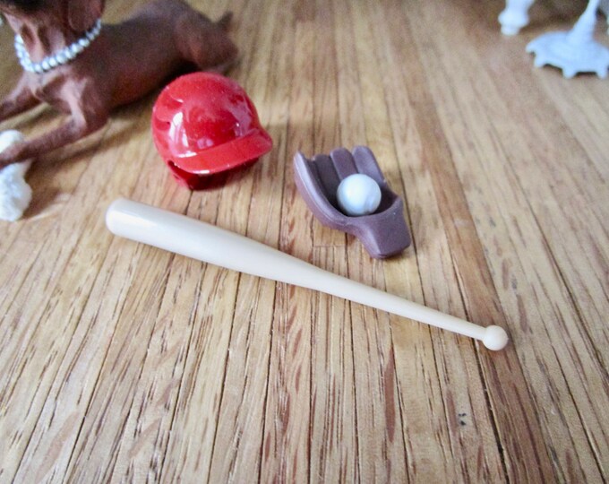 Miniature Baseball Set, Bat, Glove, Helmet And Ball, 4 Piece Set, Style #41, Dollhouse Miniatures, 1:12 Scale, Mini Sports, Dollhouse Decor