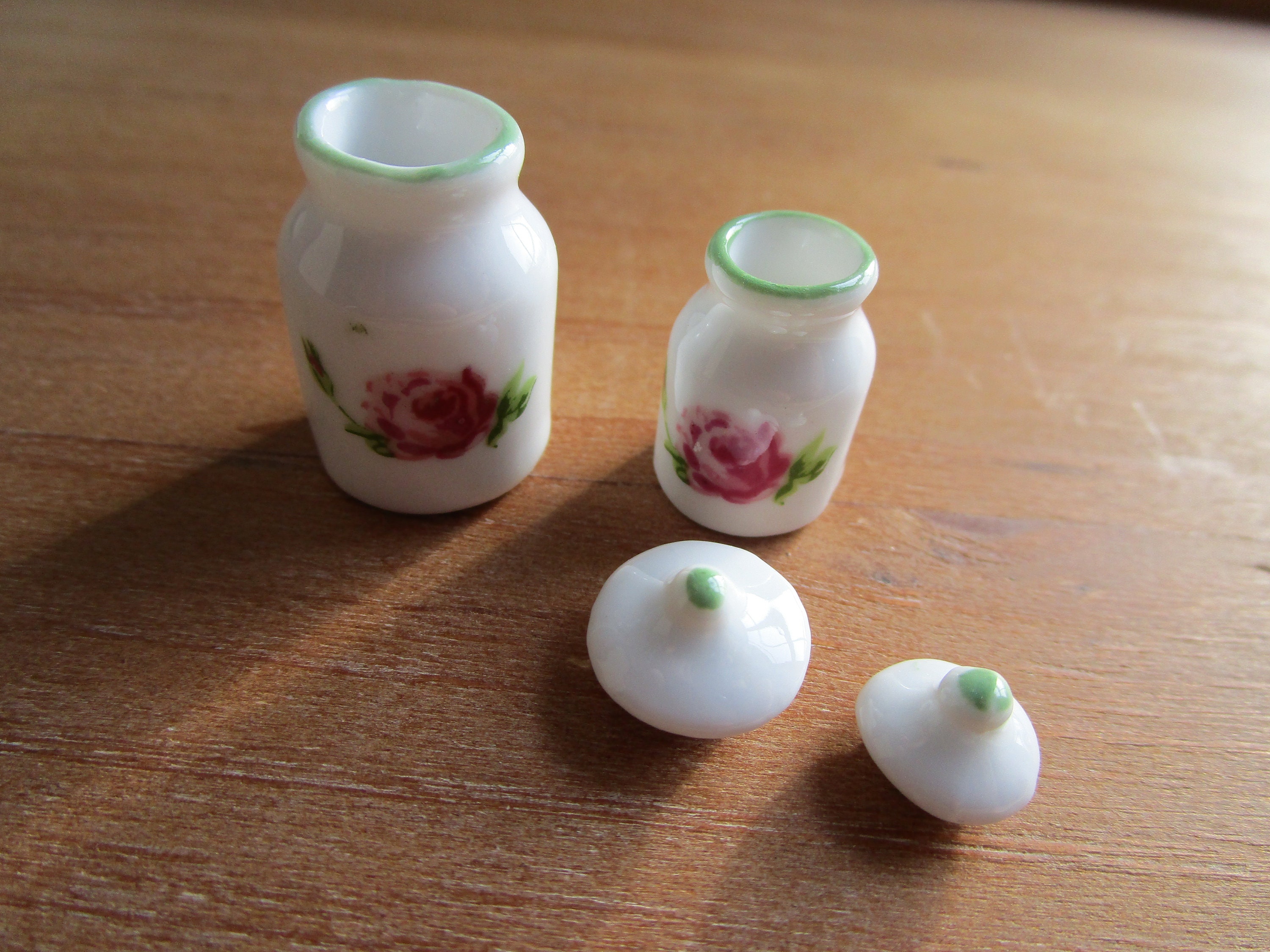 Miniature Rose Jars, Mini Ceramic Rose Jars With Removable Tops, 2 Piece Set, Style 24