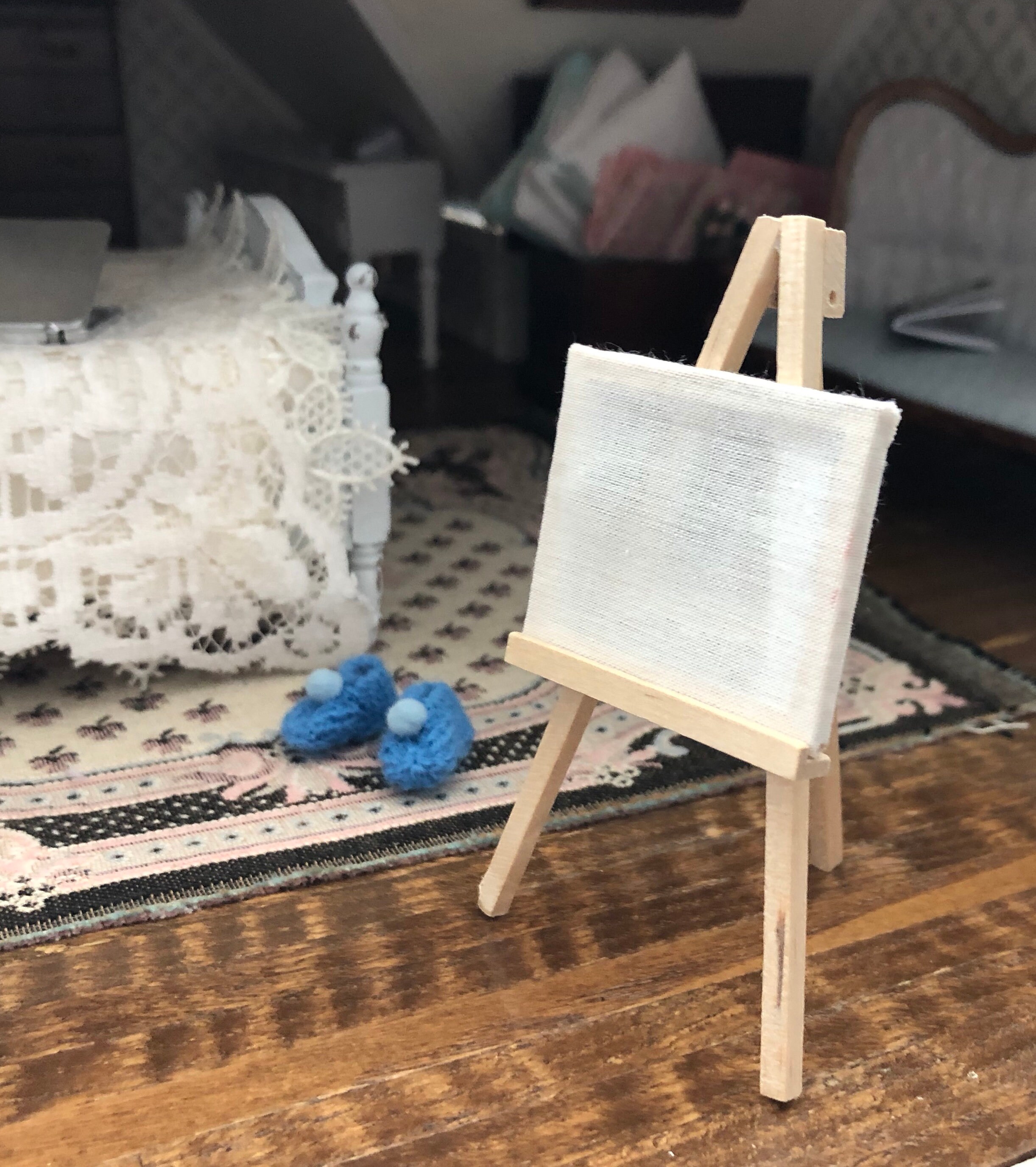 Miniature Easel and Canvas, Unfinished Wood Folding Easel and Blank