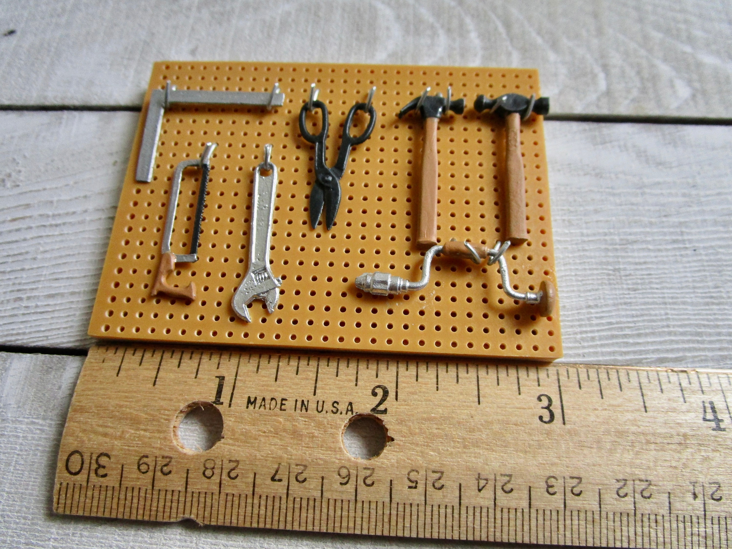 Miniature Peg Board With Tools, 7 Tools, Peg Board and Hooks, Dollhouse