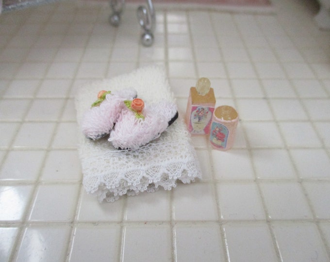 Miniature Bathroom Set, Beige Towel, Pink Slippers and Lotion Bottles, Style #69, Dollhouse Miniatures, 1:12 Scale, Bathroom Accessories