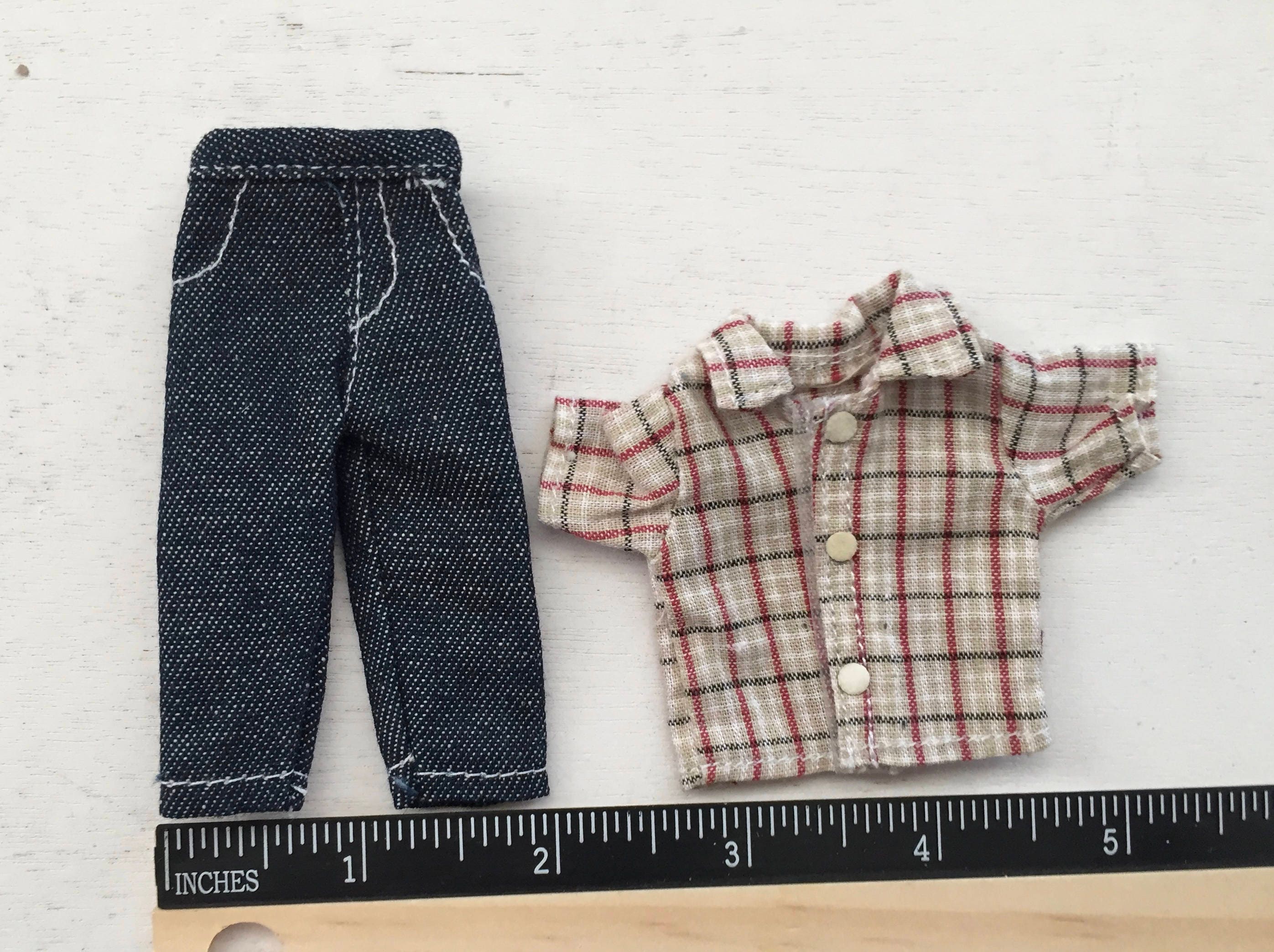 Miniature Jeans and Shirt, Mini Plaid Shirt and Denim Pants, Dollhouse