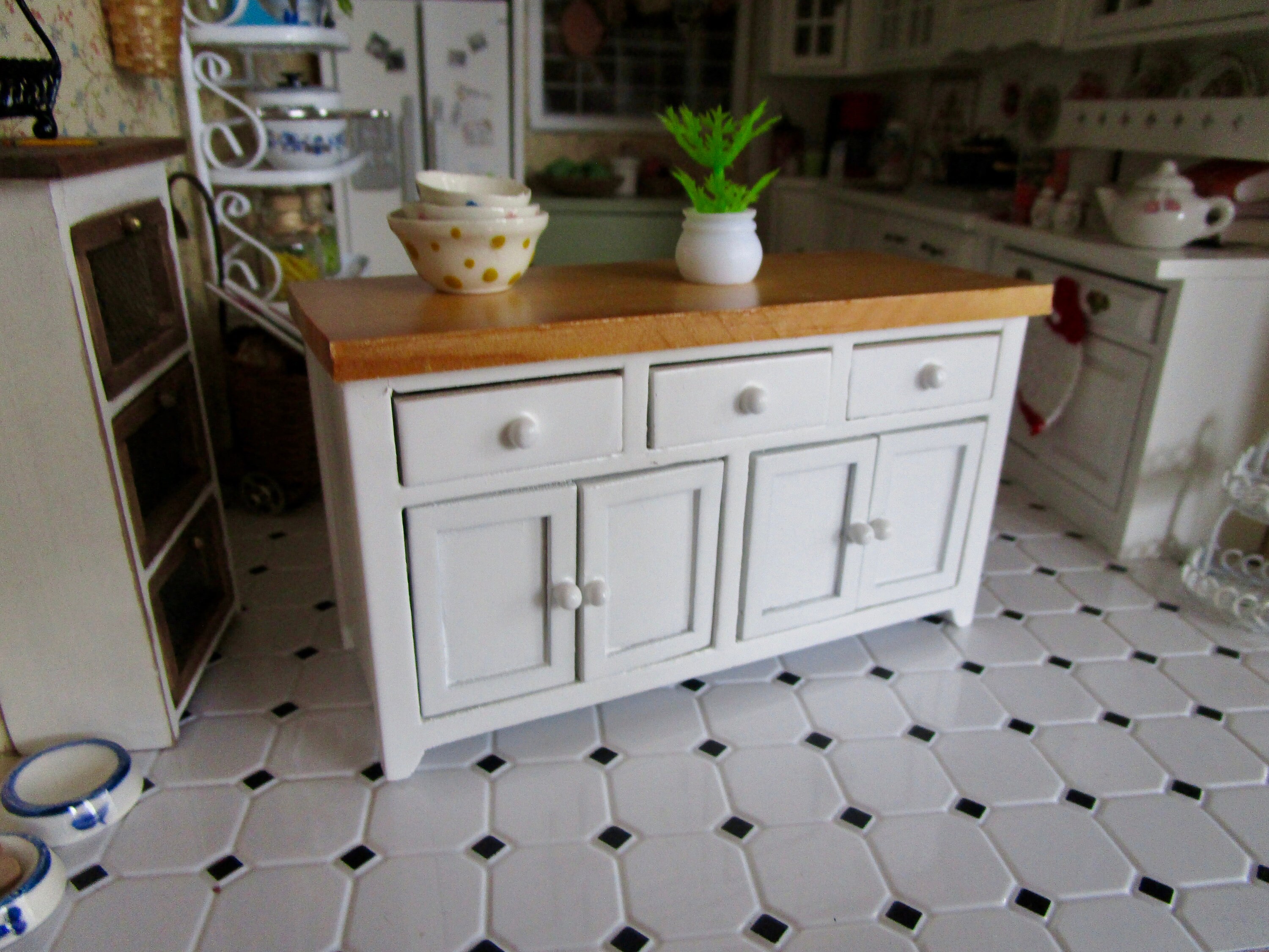 Miniature Kitchen Counter, Mini Island White With Wood Top