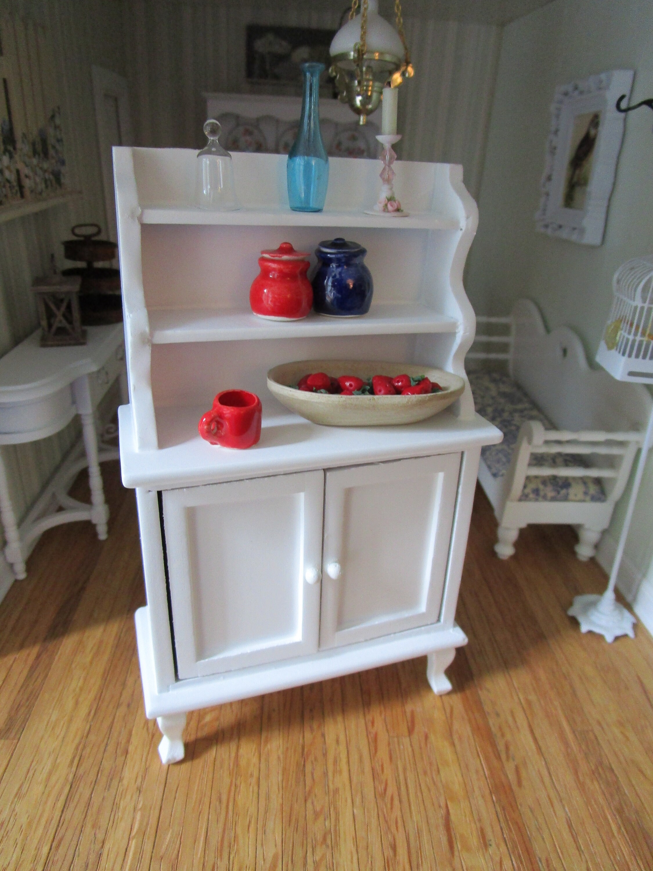 Miniature White Hutch, Mini Wood Hutch With Shelves and Bottom Doors
