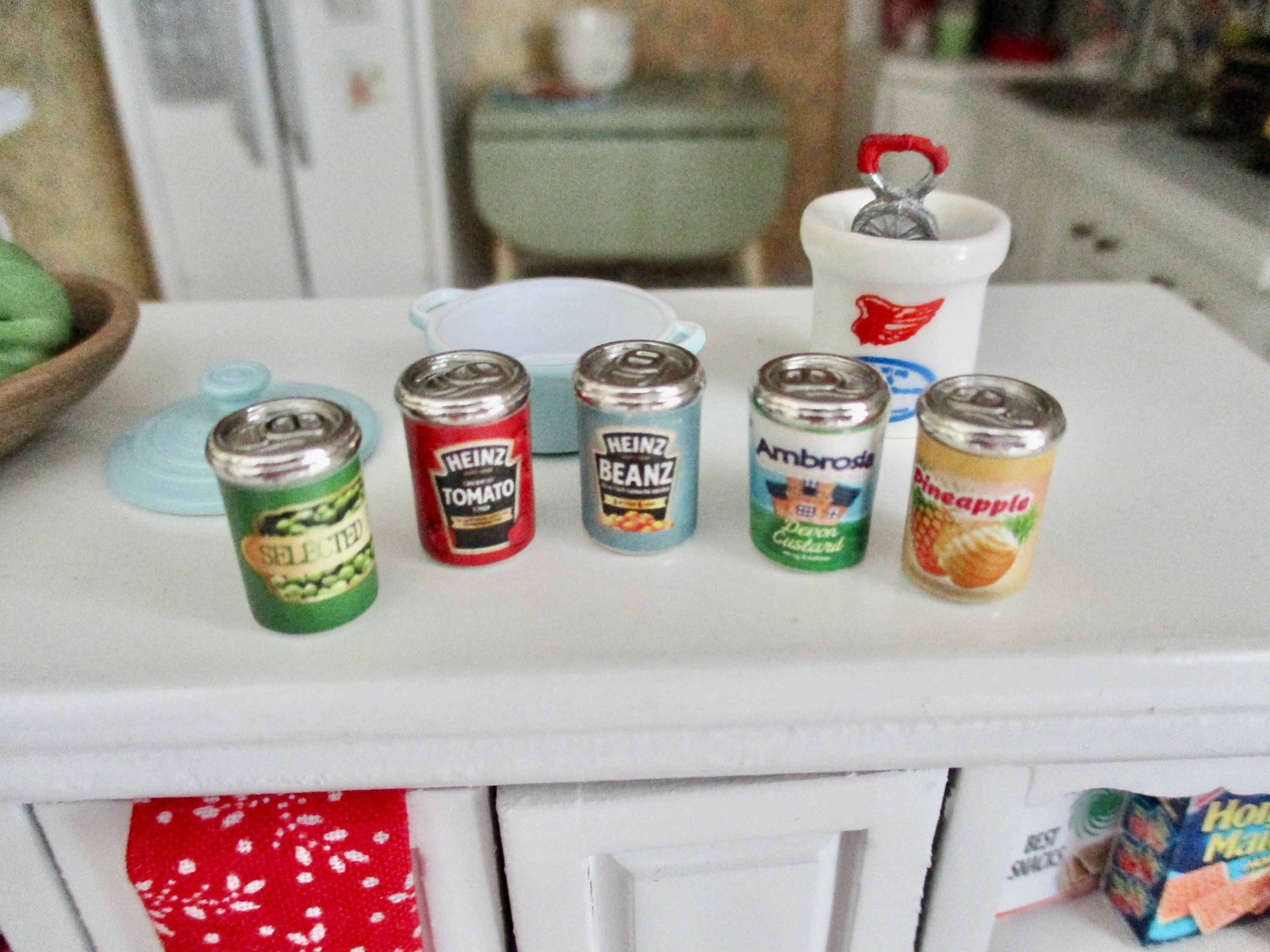 Miniature Food Cans, 5 Piece Set, Style 48, Mini Food, Dollhouse
