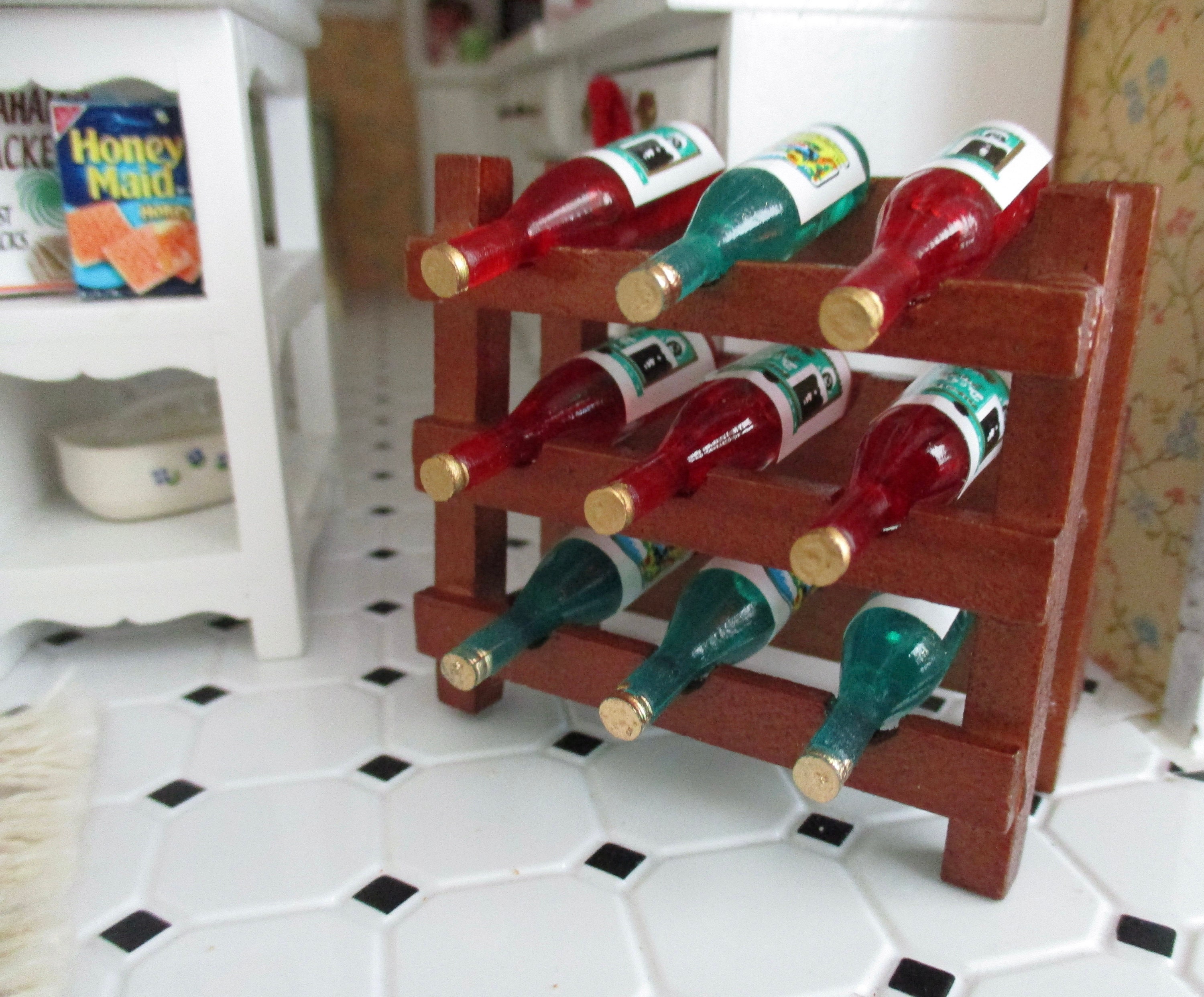 Miniature Wine Rack With Wine Bottles, 10 Piece Set, Mini Wood Wine