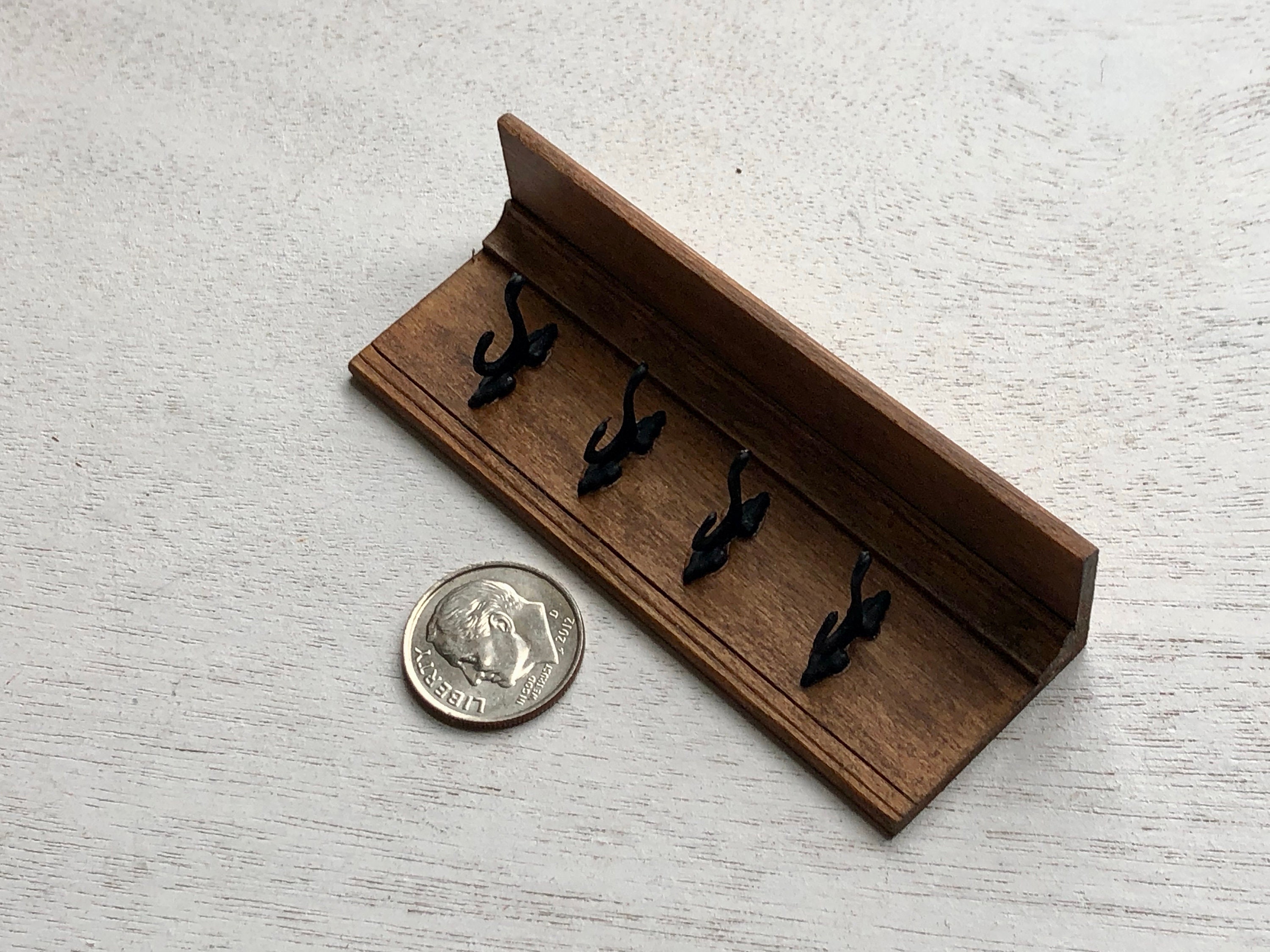 Miniature Coat Rack Shelf, Mini Shelf with 4 Hooks, Wood Shelf