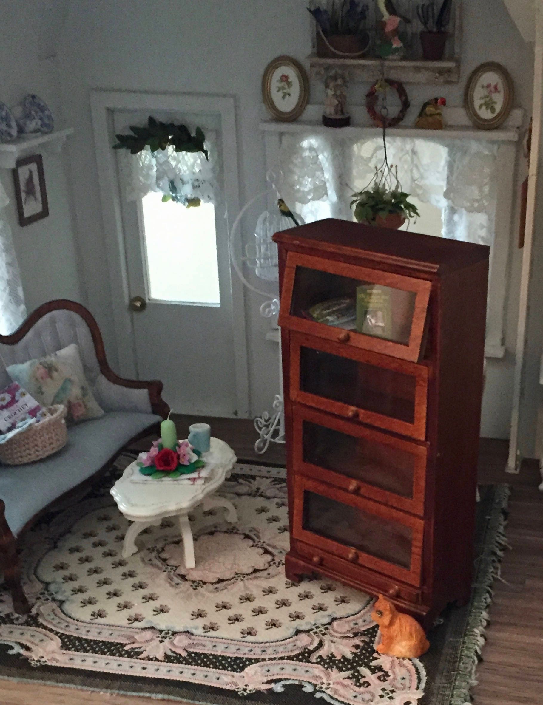 Miniature Bookcase With 4 Glass Look Doors and Drawer, Wood Bookcase