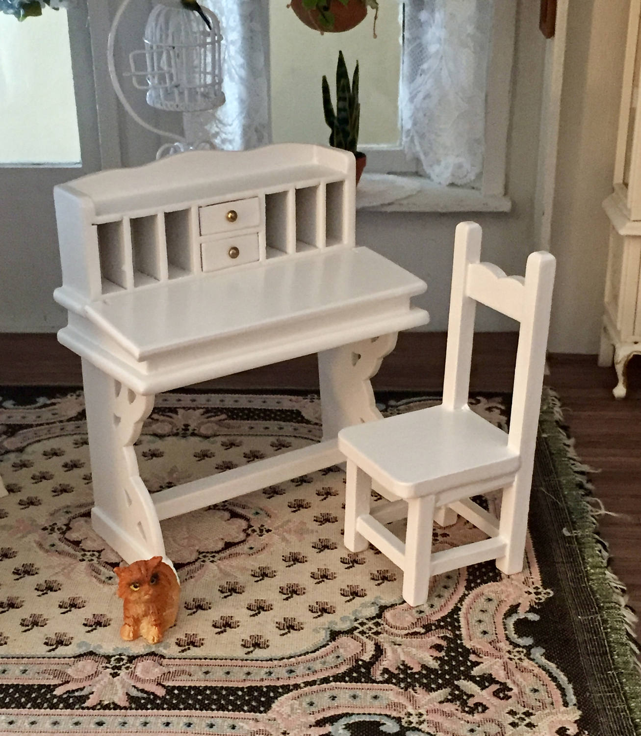 Miniature Desk and Chair, White Flip Top Desk with Drawers and Cubbies 51, Dollhouse Miniature