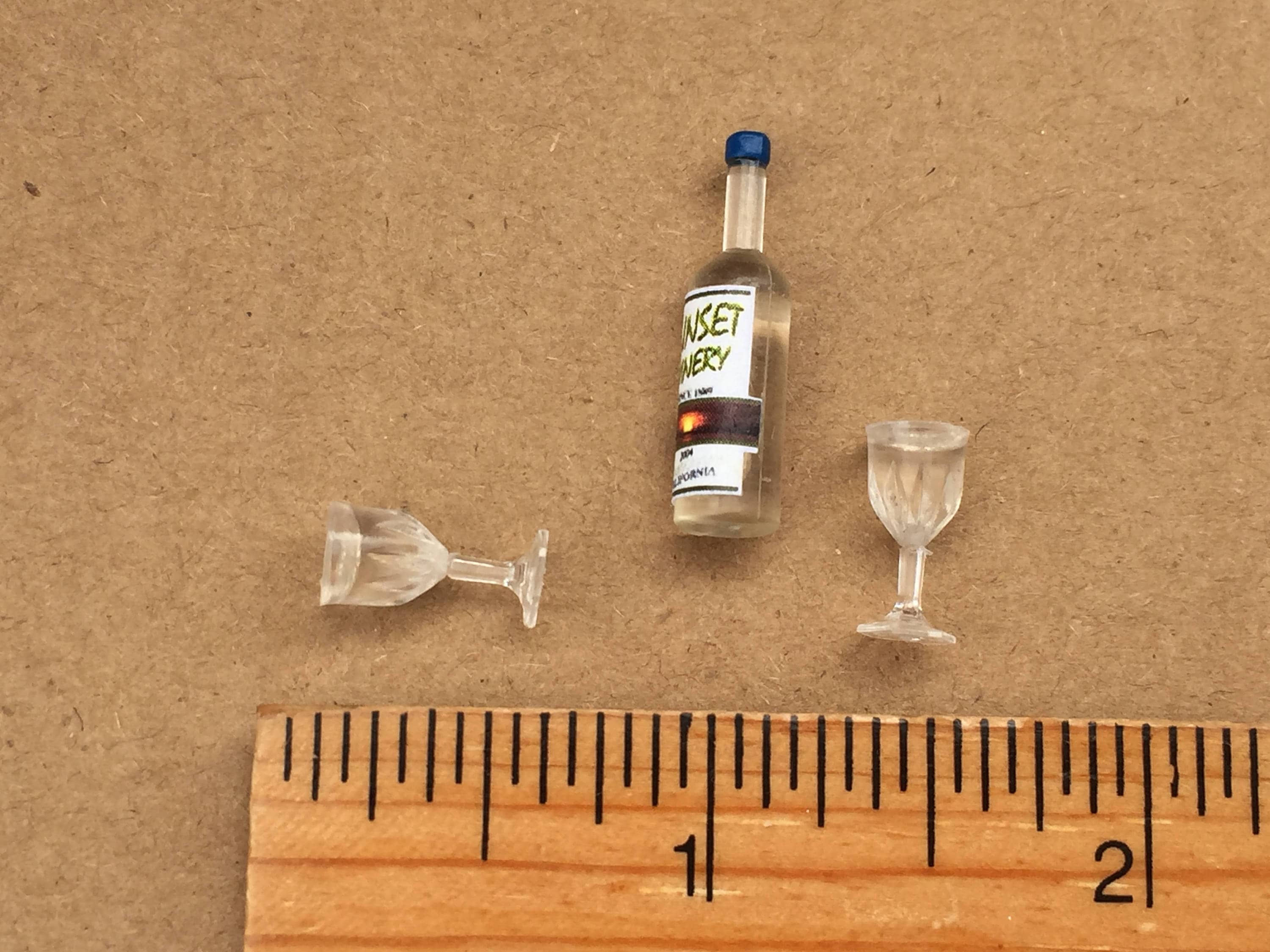 Miniature White Wine and Glasses, Mini Filled Goblet Glasses and Bottle