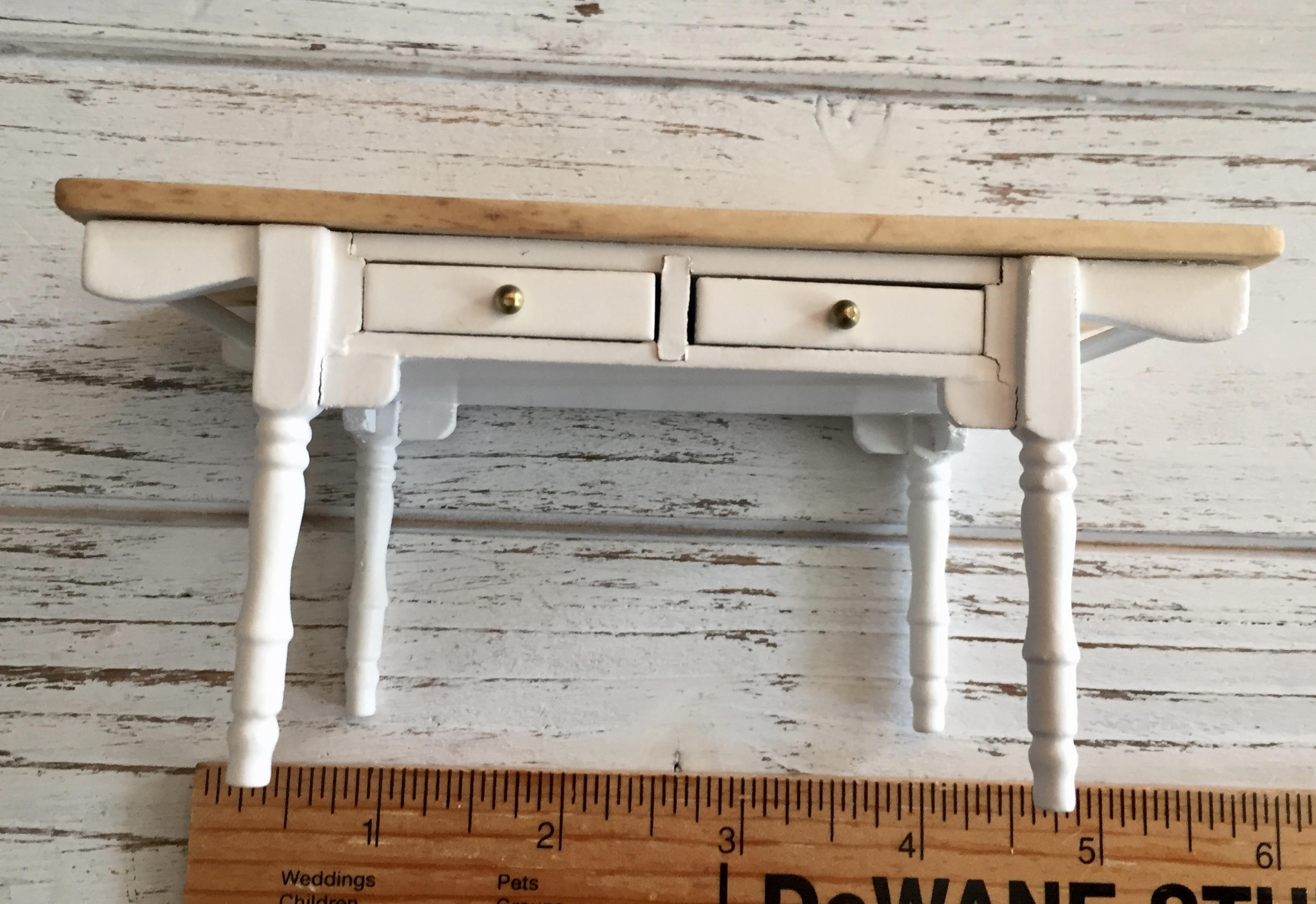 Miniature White Vermont Table With 2 Drawers, Oak Wood Top, Dollhouse