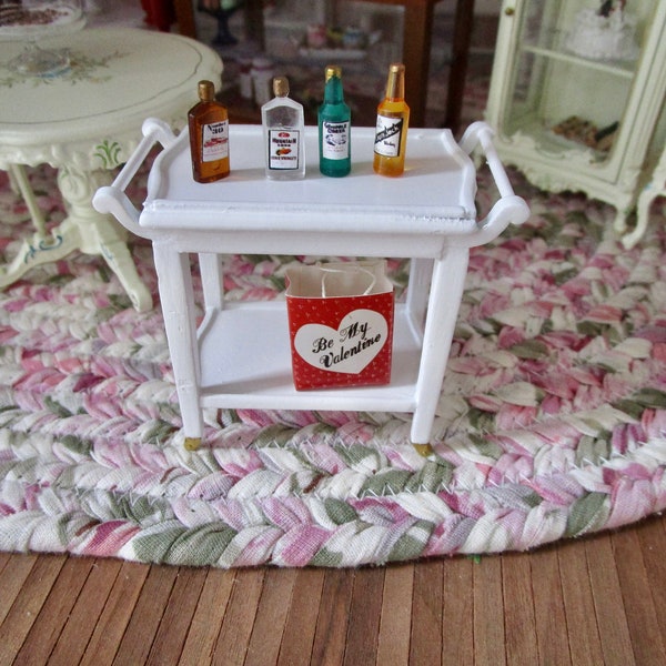 Miniature White Serving Cart, Mini Rolling Cart, Style #71, Dollhouse Miniature Furniture, 1:12 Scale, Mini White Cart With Bottom Shelf