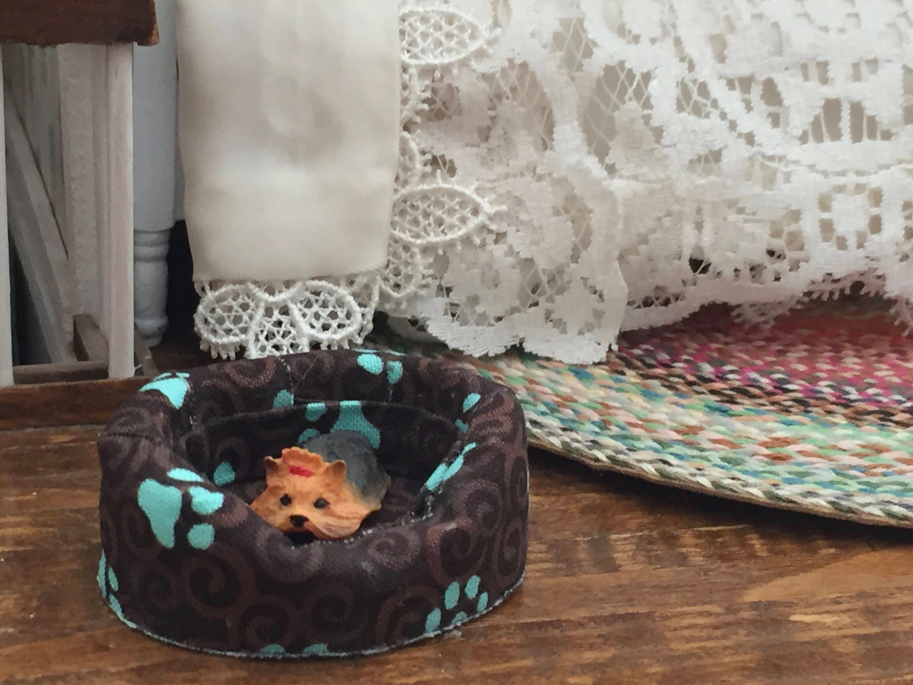 Miniature Dog Bed, Fabric Dog Bed, Brown and Aqua, Dollhouse Miniature