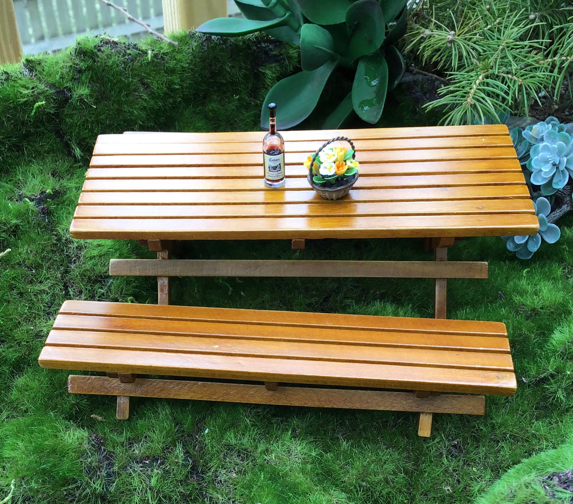 Miniature Picnic Table and Benches, 3 Pc Set, Wood Picnic Table