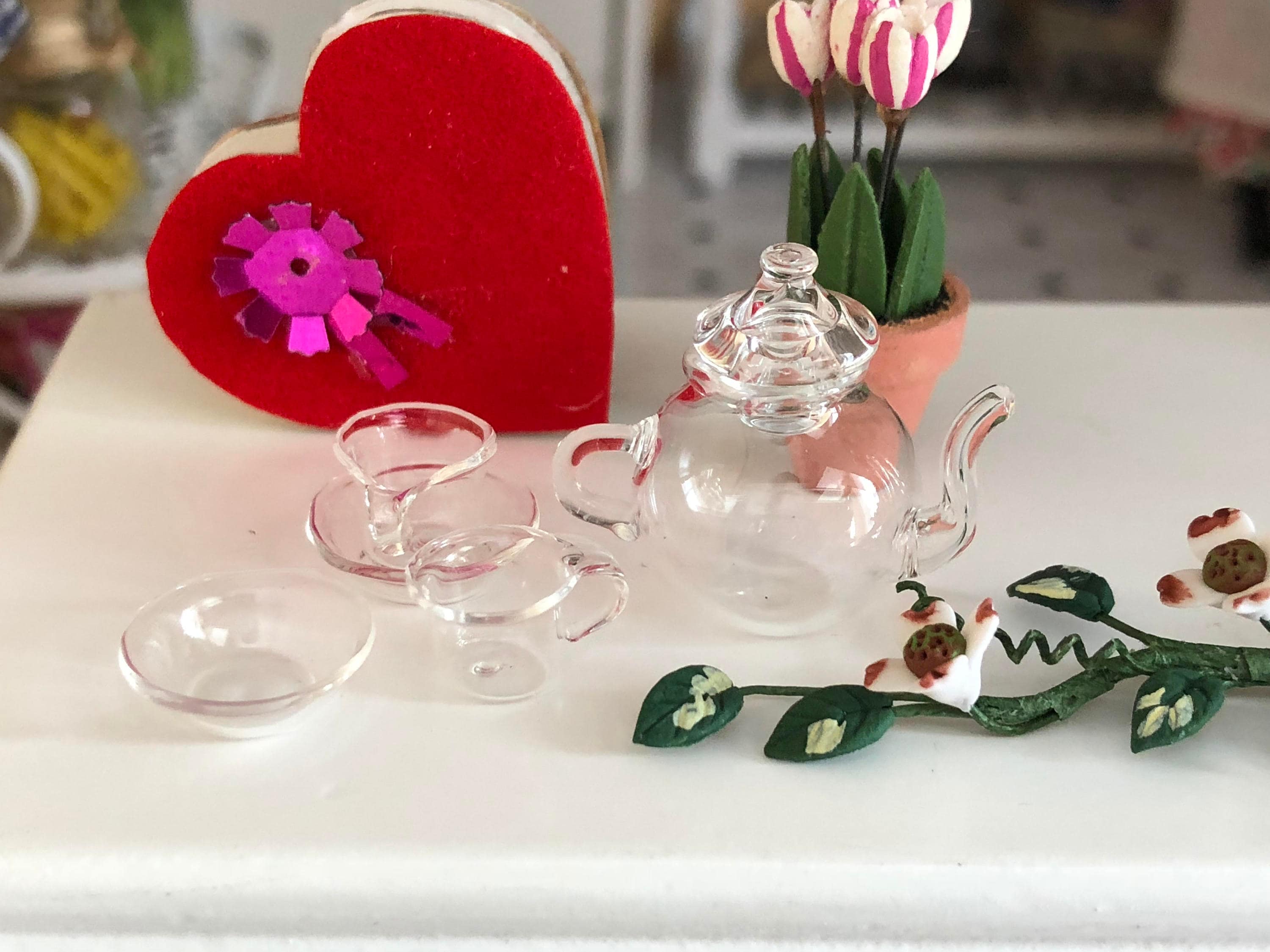 Miniature Glass Tea Set, Teapot, 2 Cups and 2 Saucers, Clear Glass Tea