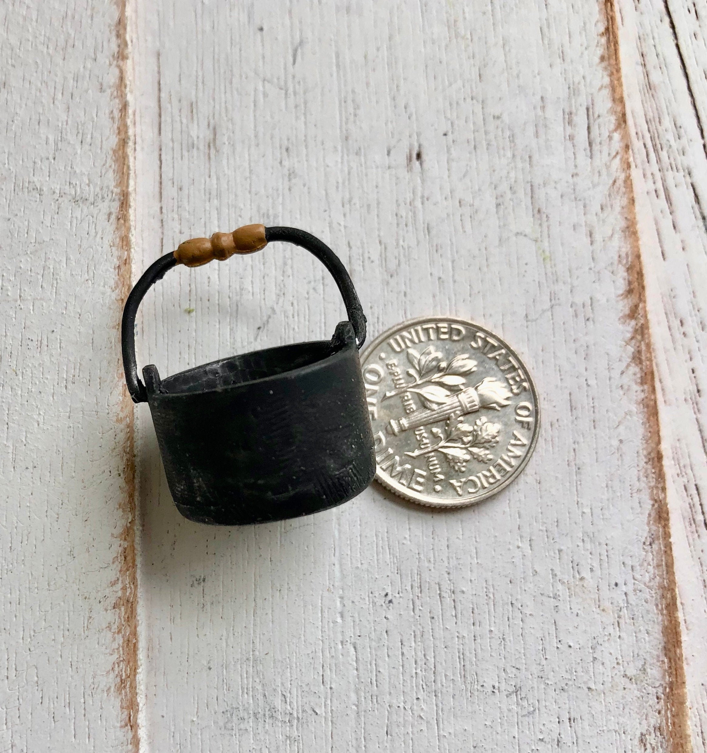 Miniature Black Pot, Mini Round Pot With Wood Look Handle, Cast Iron
