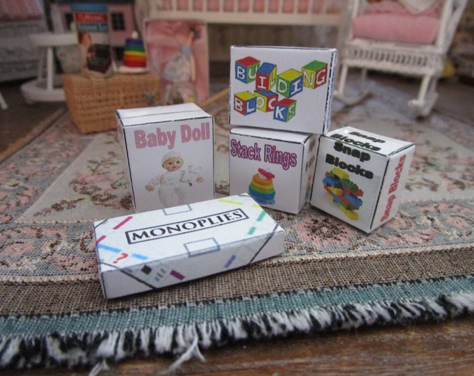 Miniature Game Toy Boxes Set, 5 Pieces, Mini Toys, CLEARANCE, Dollhouse Miniature, 1:12 Scale, Dollhouse Accessories, Decor