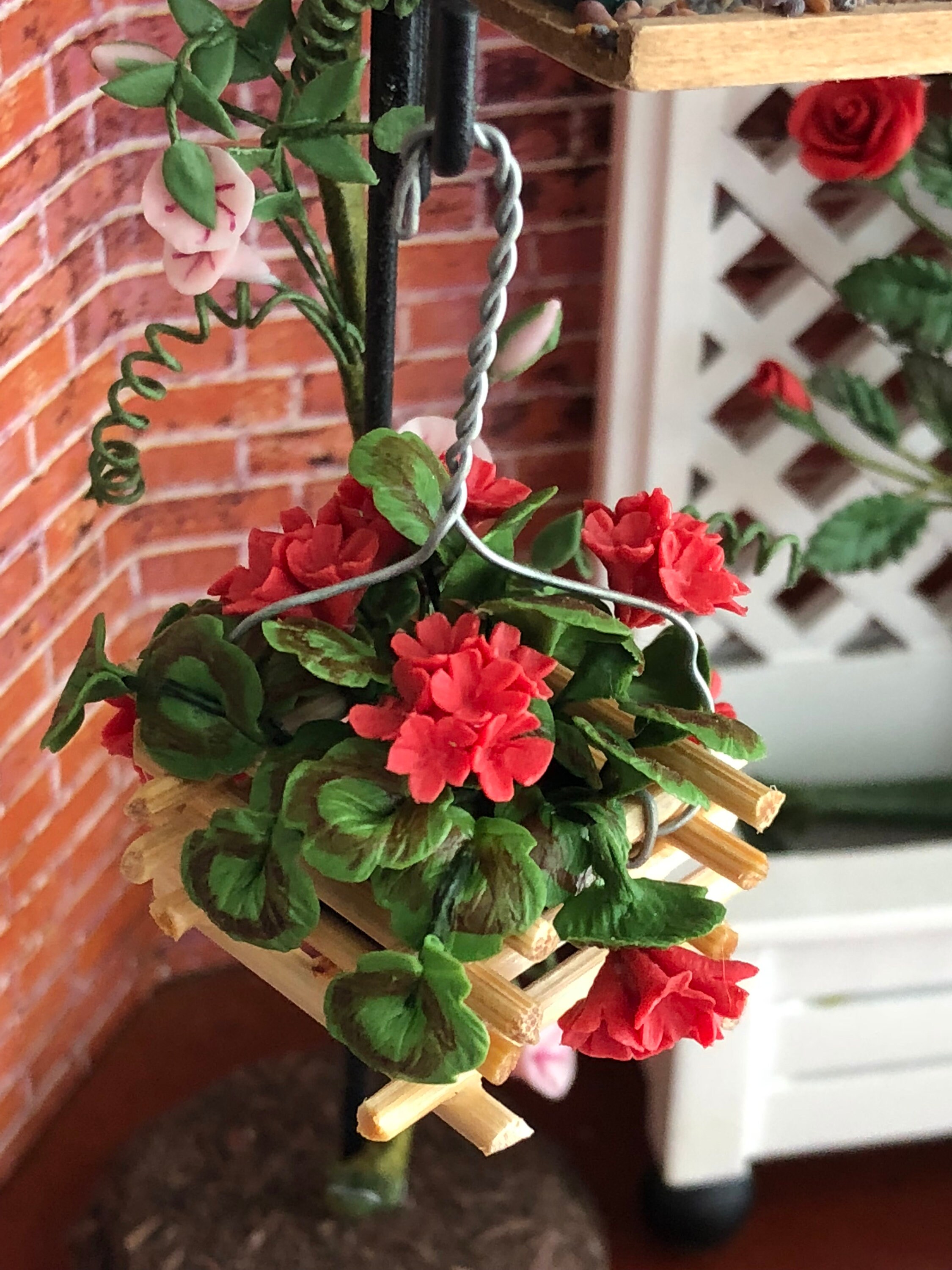 Miniature Geraniums, Wood Hanging Basket With Red Geraniums, Dollhouse