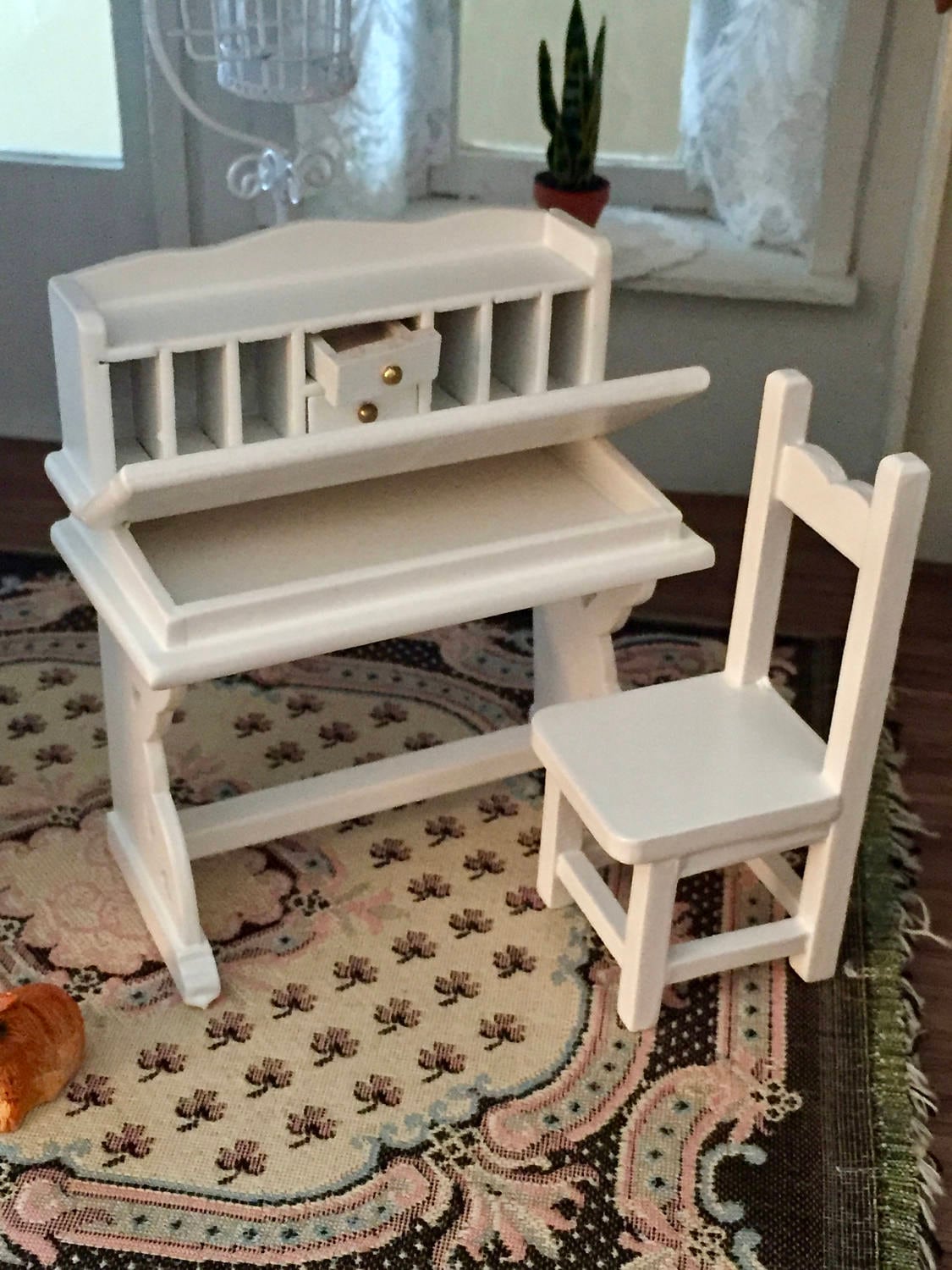 Miniature Desk and Chair, White Flip Top Desk with Drawers and Cubbies