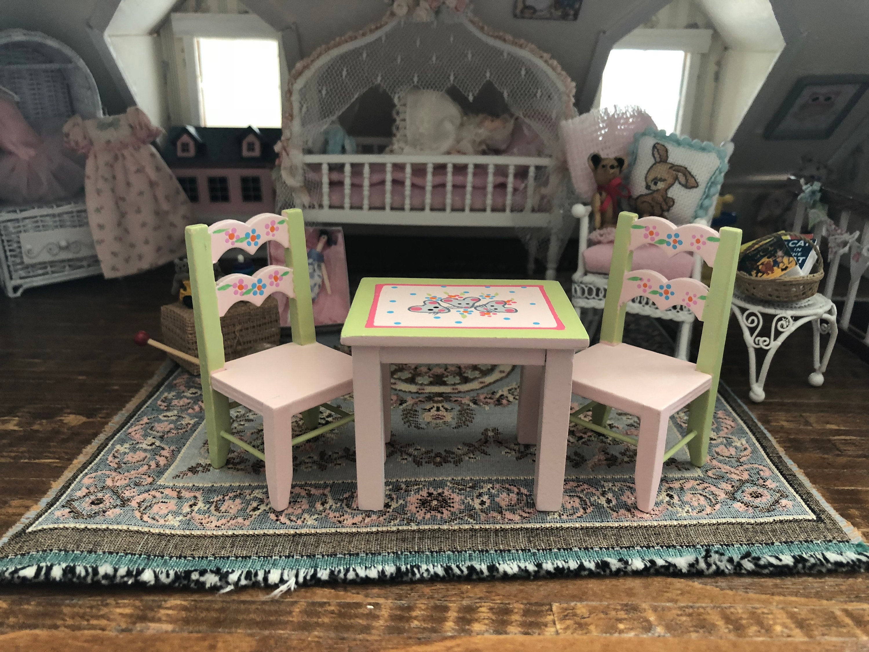 Miniature Child Table & Chair Set, Pink and Green Painted Children's
