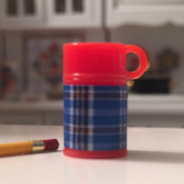 Miniature Plaid Thermos With Red Top, Dollhouse Miniature, 1:12 Scale, Mini Thermos, Accessory, Decor