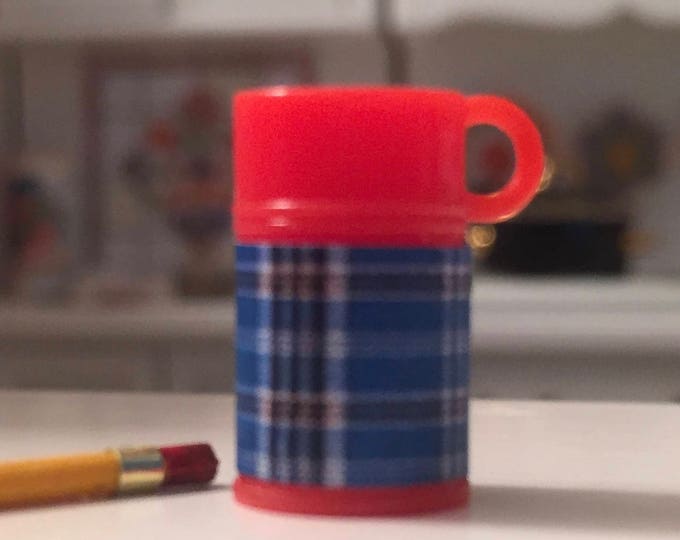 Miniature Plaid Thermos With Red Top, Dollhouse Miniature, 1:12 Scale, Mini Thermos, Accessory, Decor