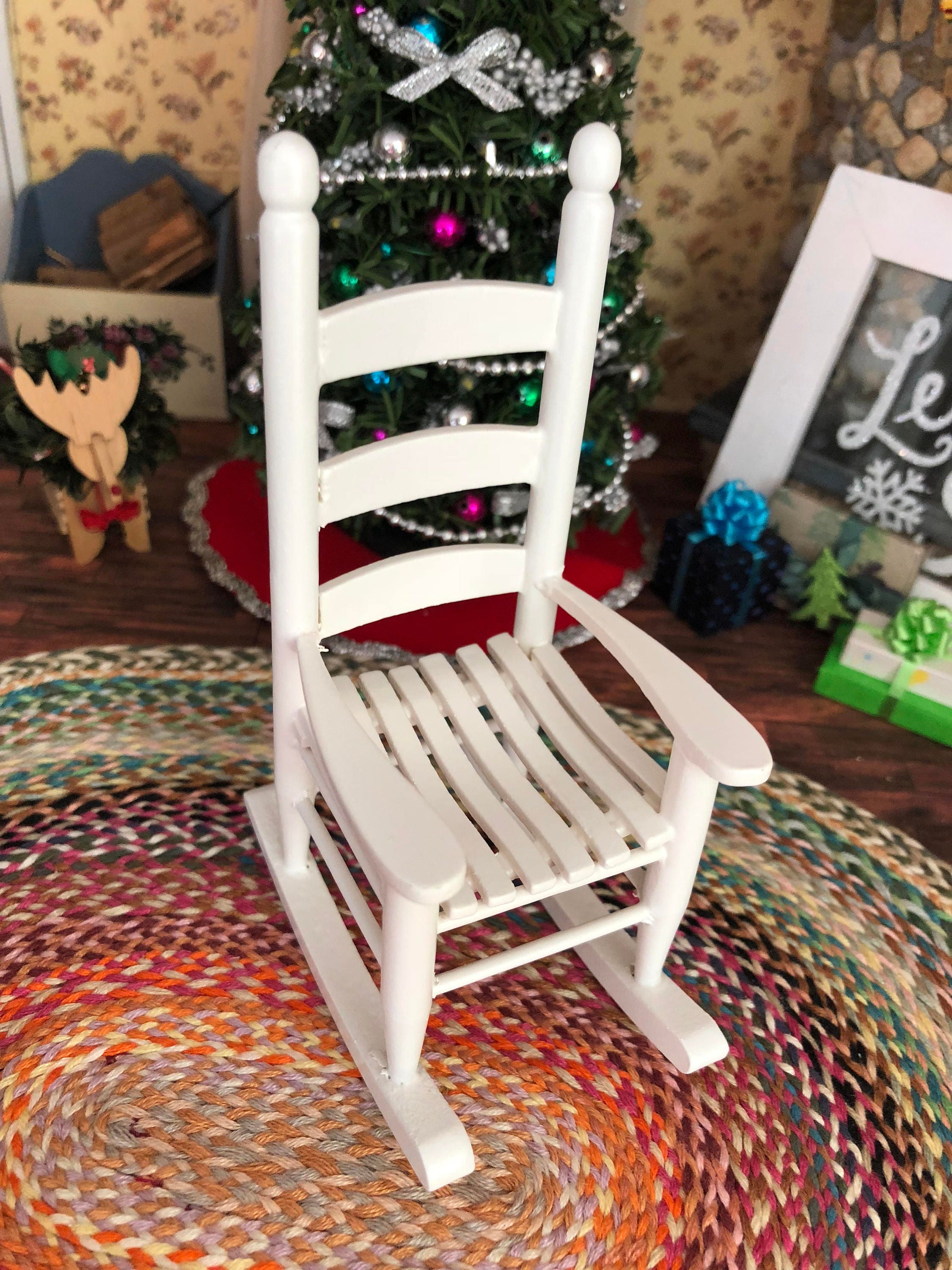 Miniature Rocking Chair, White Wood Rocker, Cabin Style Rocking Chair