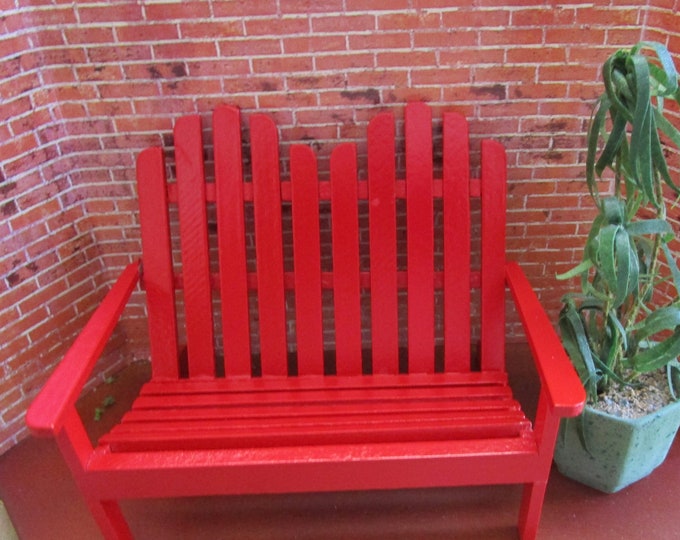 Miniature Adirondack Double Chair, Mini Red Wood Bench Style #05, Dollhouse Miniature Furniture, 1:12 Scale, Mini Outdoor Furniture