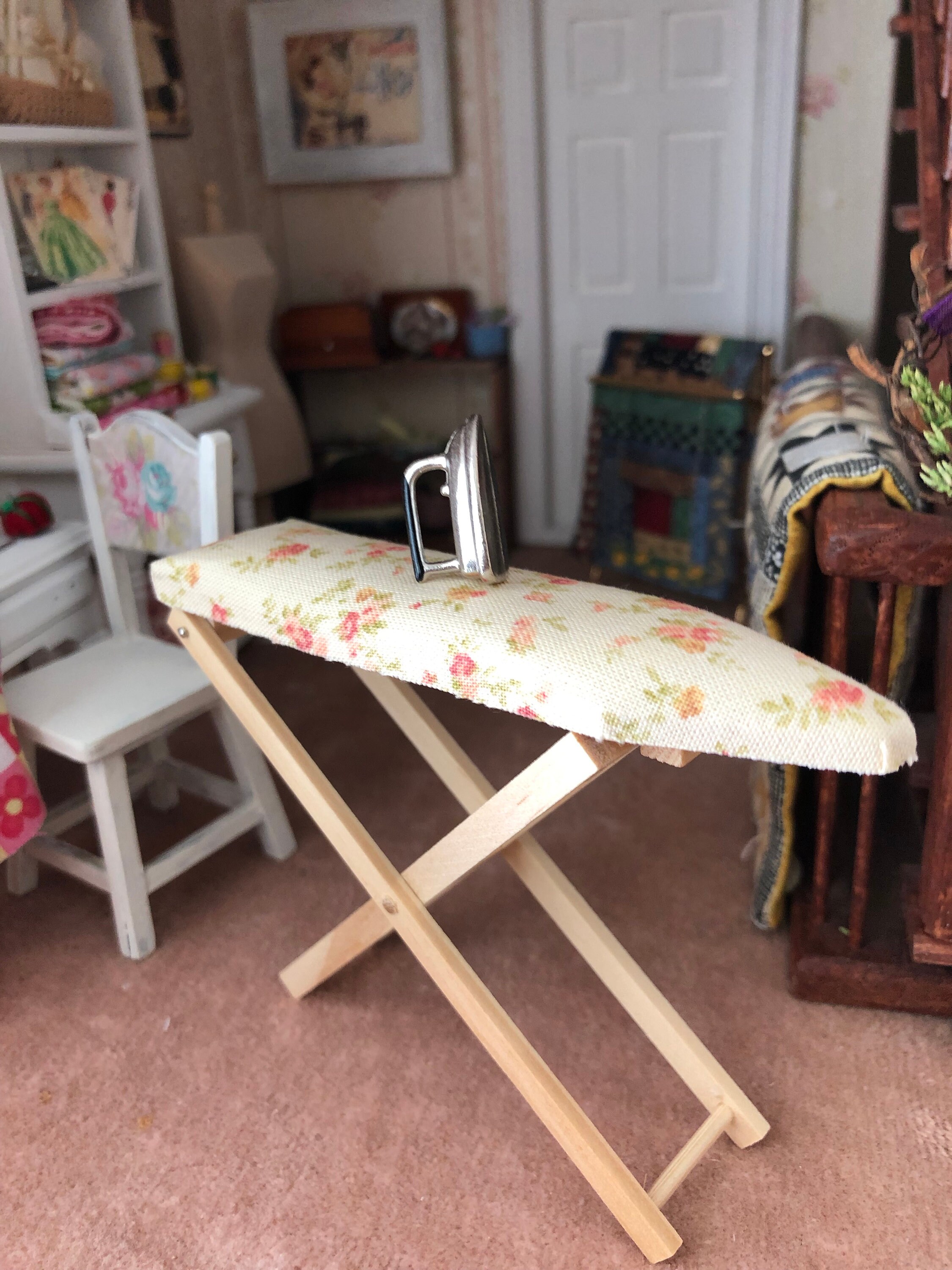 Miniature Ironing Board and Iron, Fabric Covered Folding Ironing Board