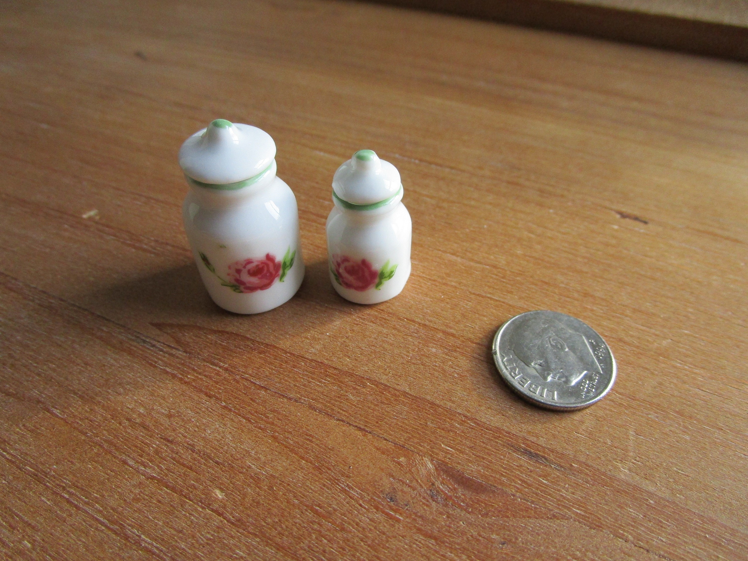 Miniature Rose Jars, Mini Ceramic Rose Jars With Removable Tops, 2 Piece Set, Style 24