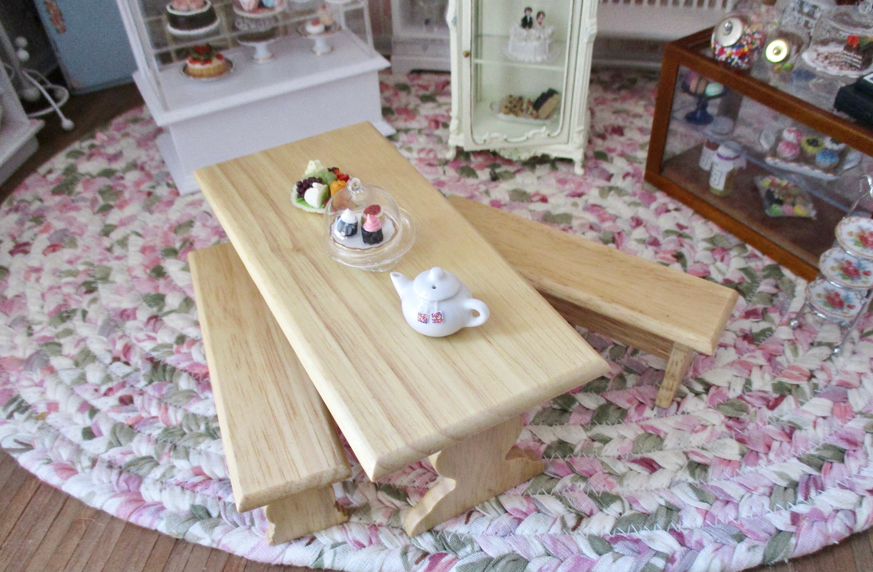 Miniature Table And Bench Set, Mini Wood Oak Finish Table With 2