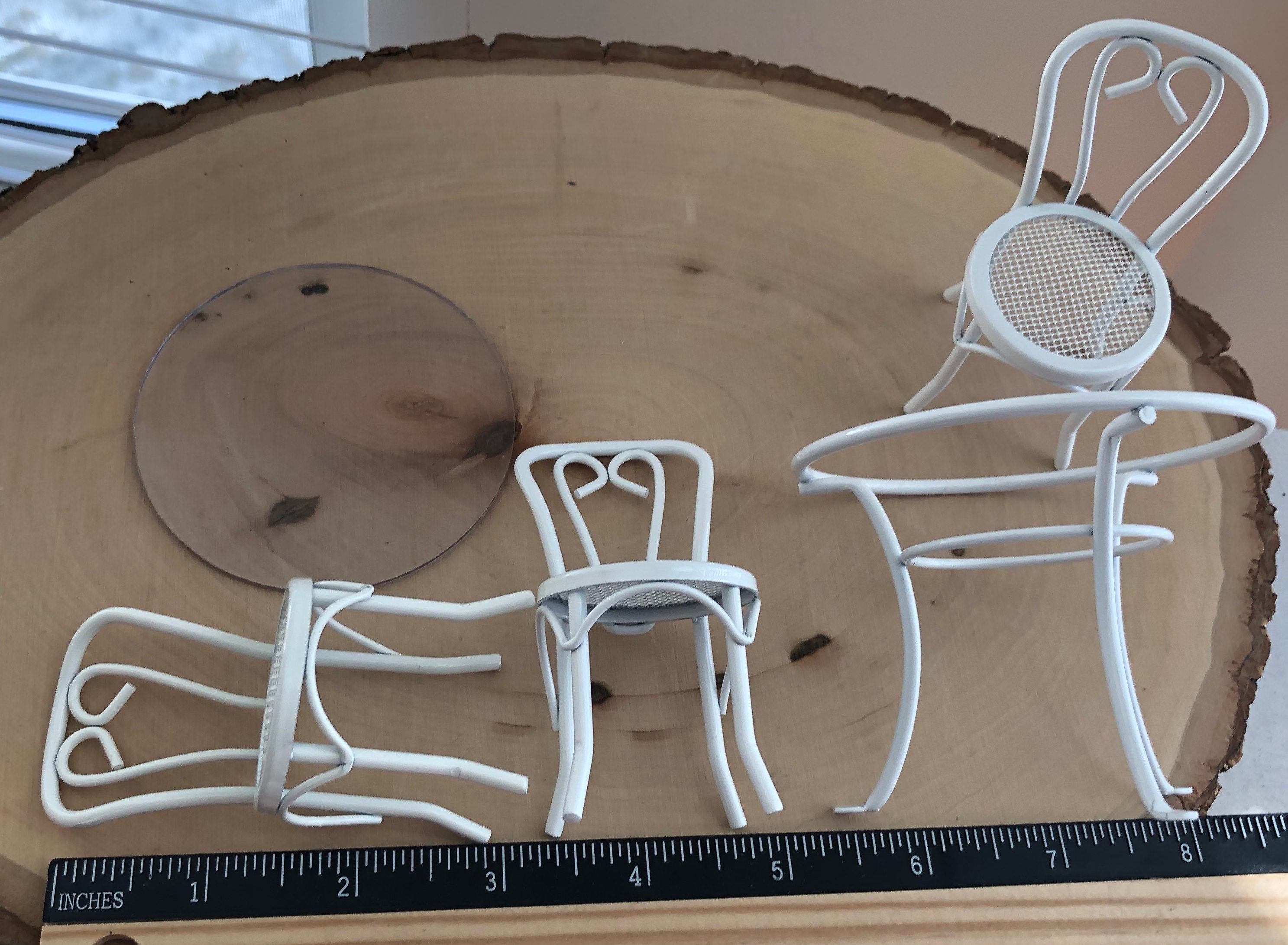 Miniature Table and Chair Set, White Table with Clear Top and 4 Chairs