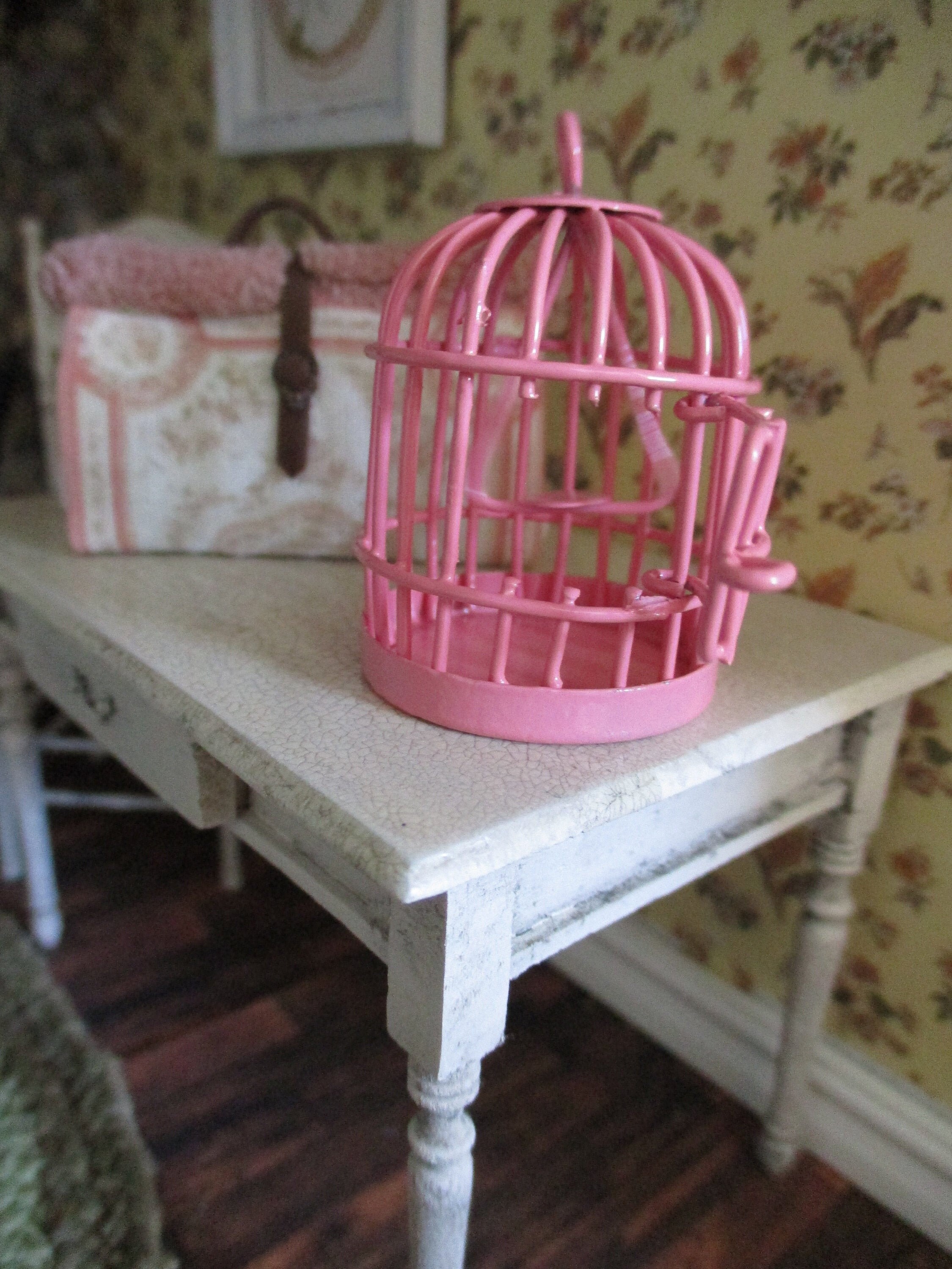 Miniature Pink Bird Cage, Mini Cage With Working Door and Swing