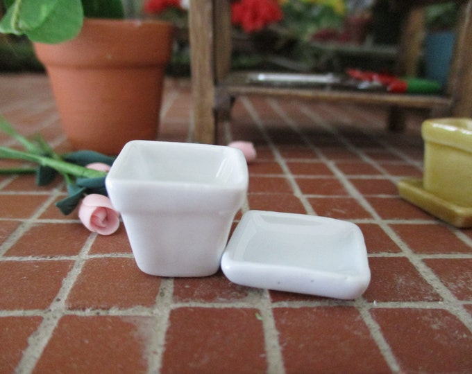 Miniature Flower Pot With Base, Mini White Square Ceramic Flower Pot With Tray, Style #44, Dollhouse Miniature, 1:12 Scale