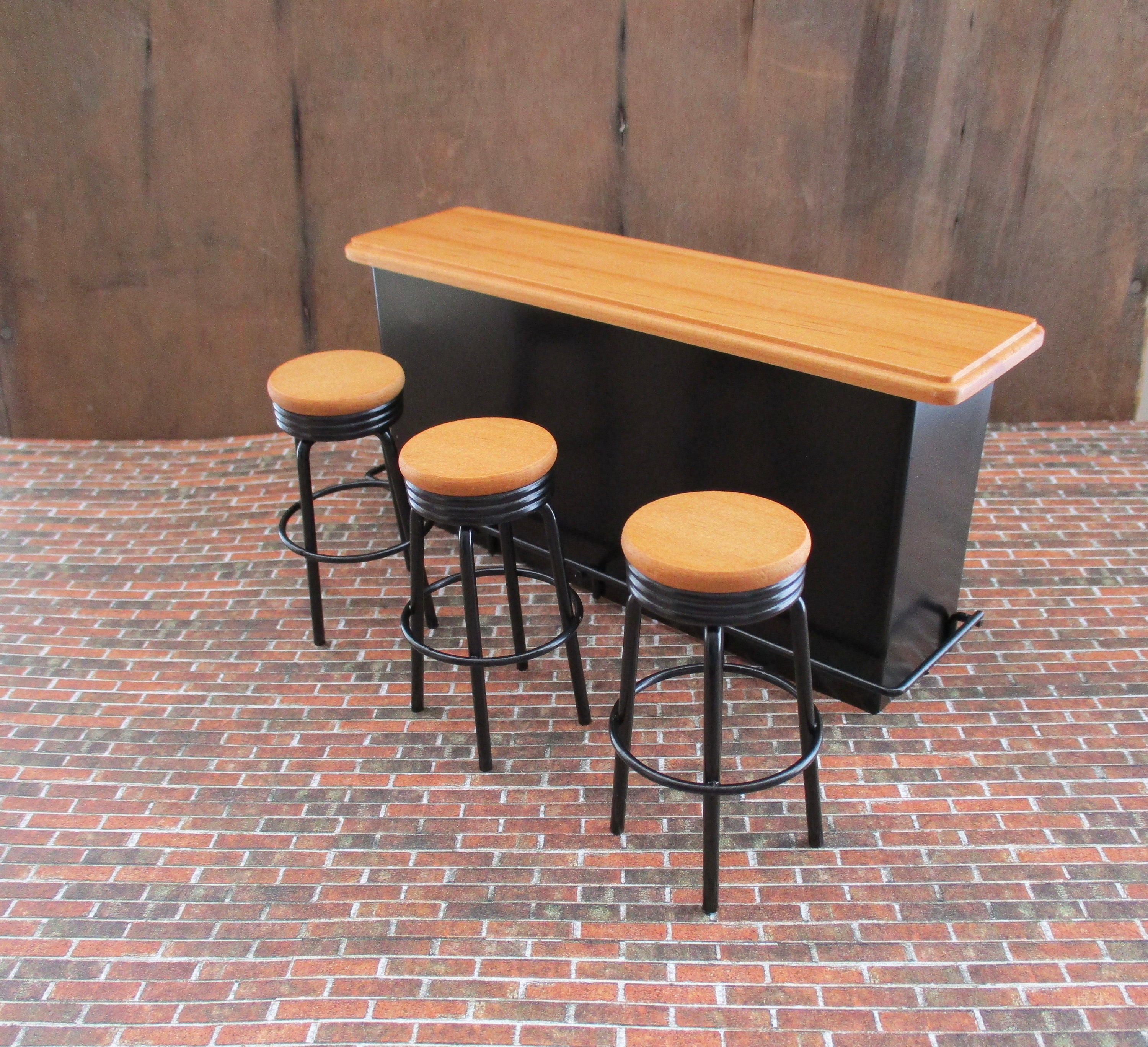 Miniature Counter Bar With 3 Stools, Mini Black Wood Bar Counter And