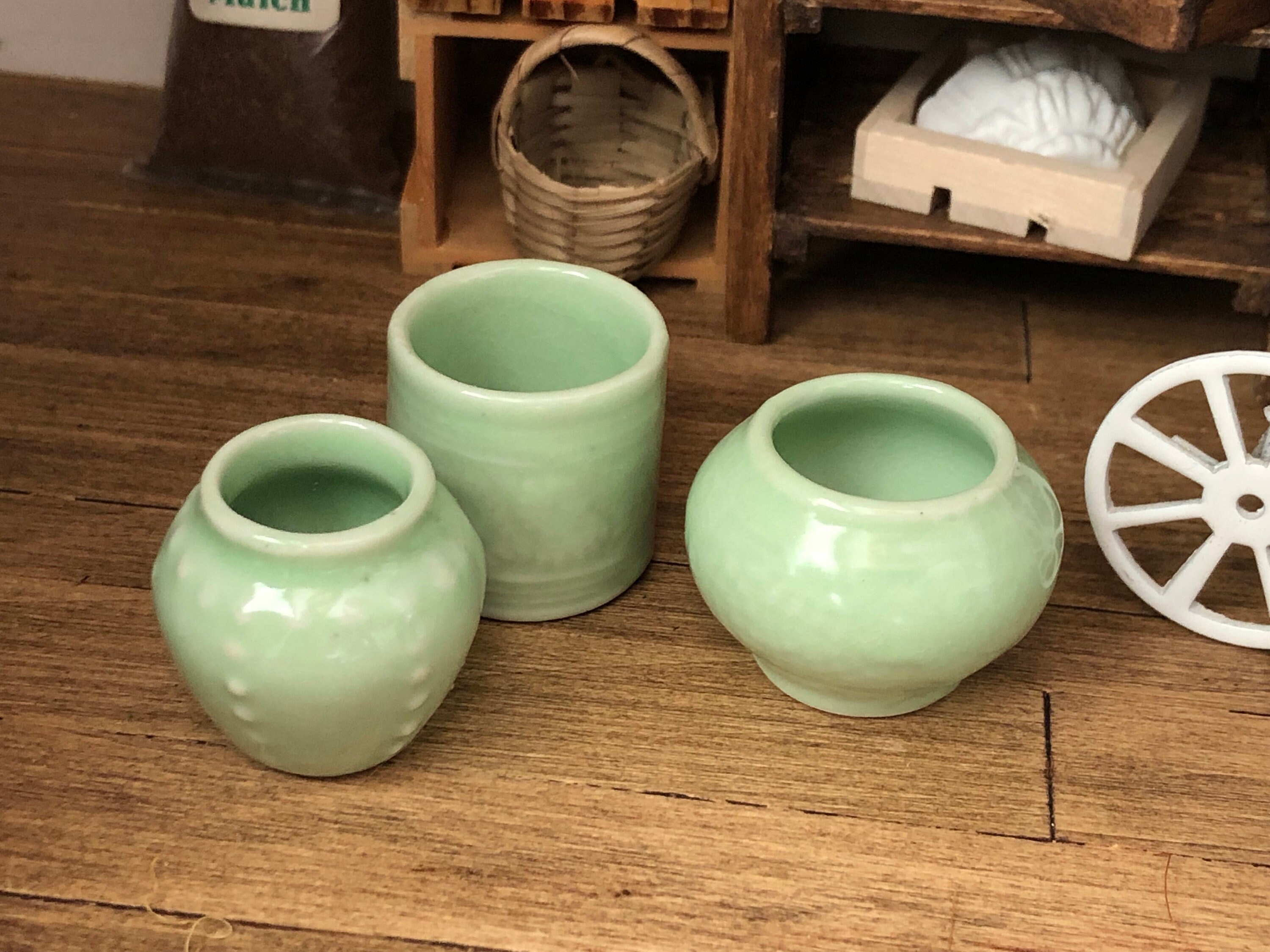 Miniature Ceramic Vases, Set of 3 Green Vases, Dollhouse Miniatures, 1