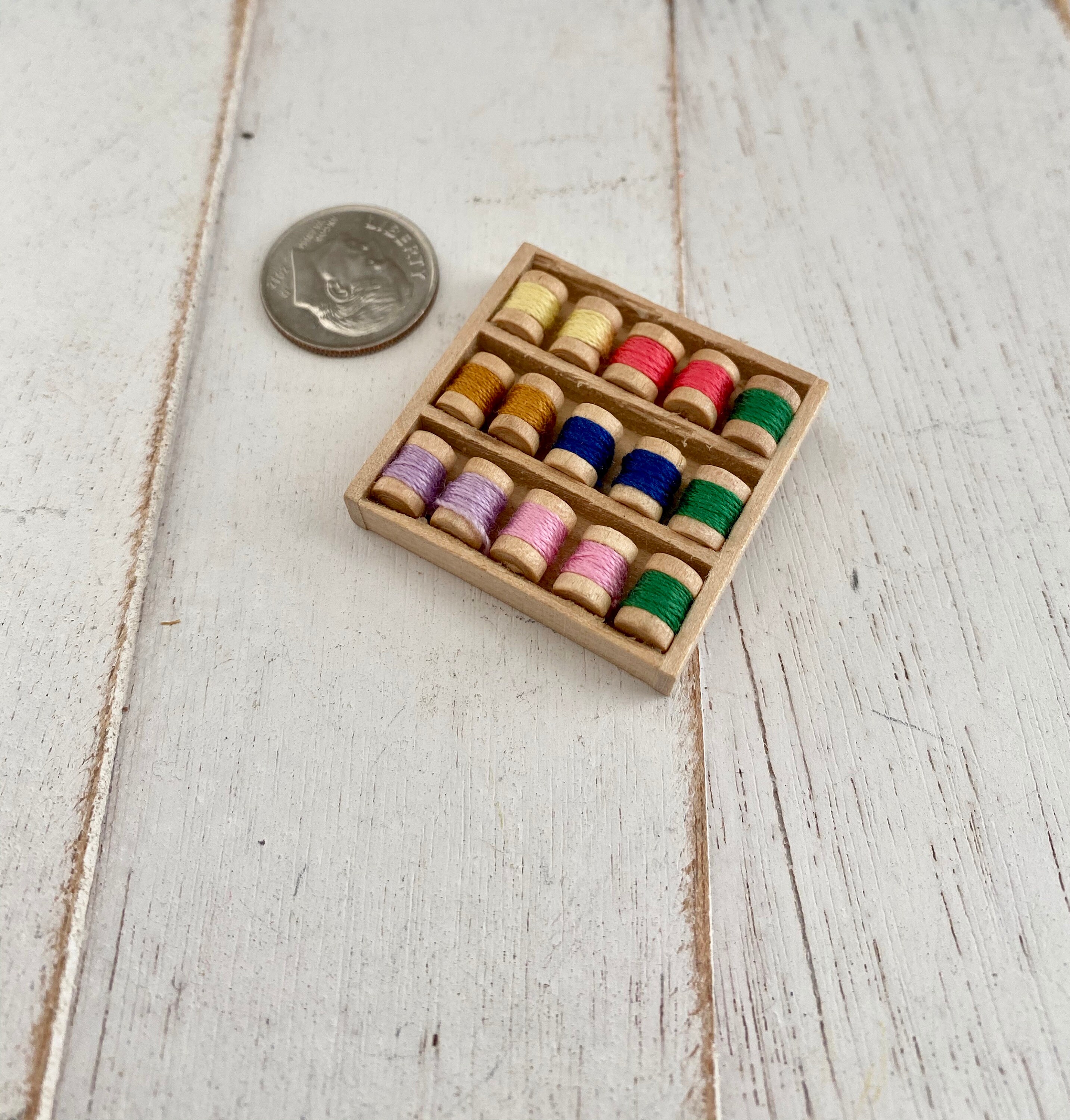 Miniature Thread Box, 15 Mini Wood Thread Spools, Dollhouse Miniature