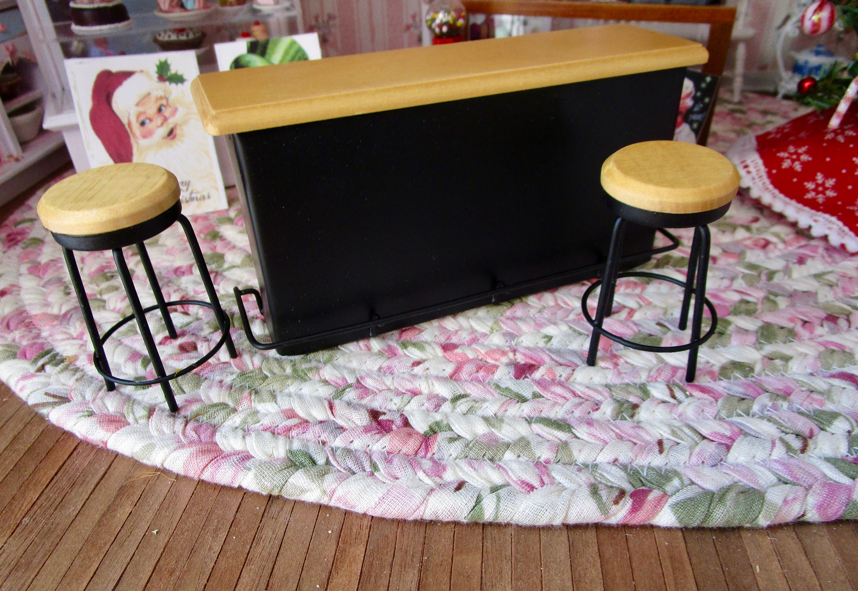 Miniature Counter And Stool Set, Mini Black Metal And Wood Bar Counter